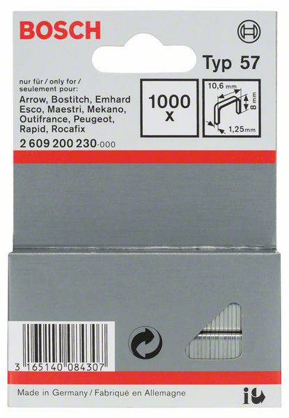Emballage d'un agrafeur Bosch type 57 avec 1000 agrafes. Compatibilité : Arrow, Bostitch, Emhard et autres marques.