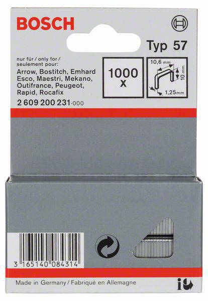 Agrafes Bosch Type 57, lot de 1000 pièces, largeur 10,6 mm, longueur 10 mm, compatibles avec diverses marques. Conditionnées dans une boîte grise.