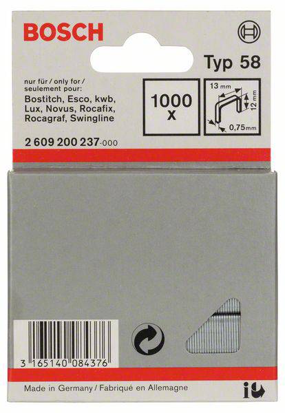 Boîte d'agrafes Bosch, type 58, 1 000 pièces. Compatible avec Bostitch, Esco, kwb, Lux, Novus. Dimensions : 12 mm, épaisseur de fil 0,75 mm.