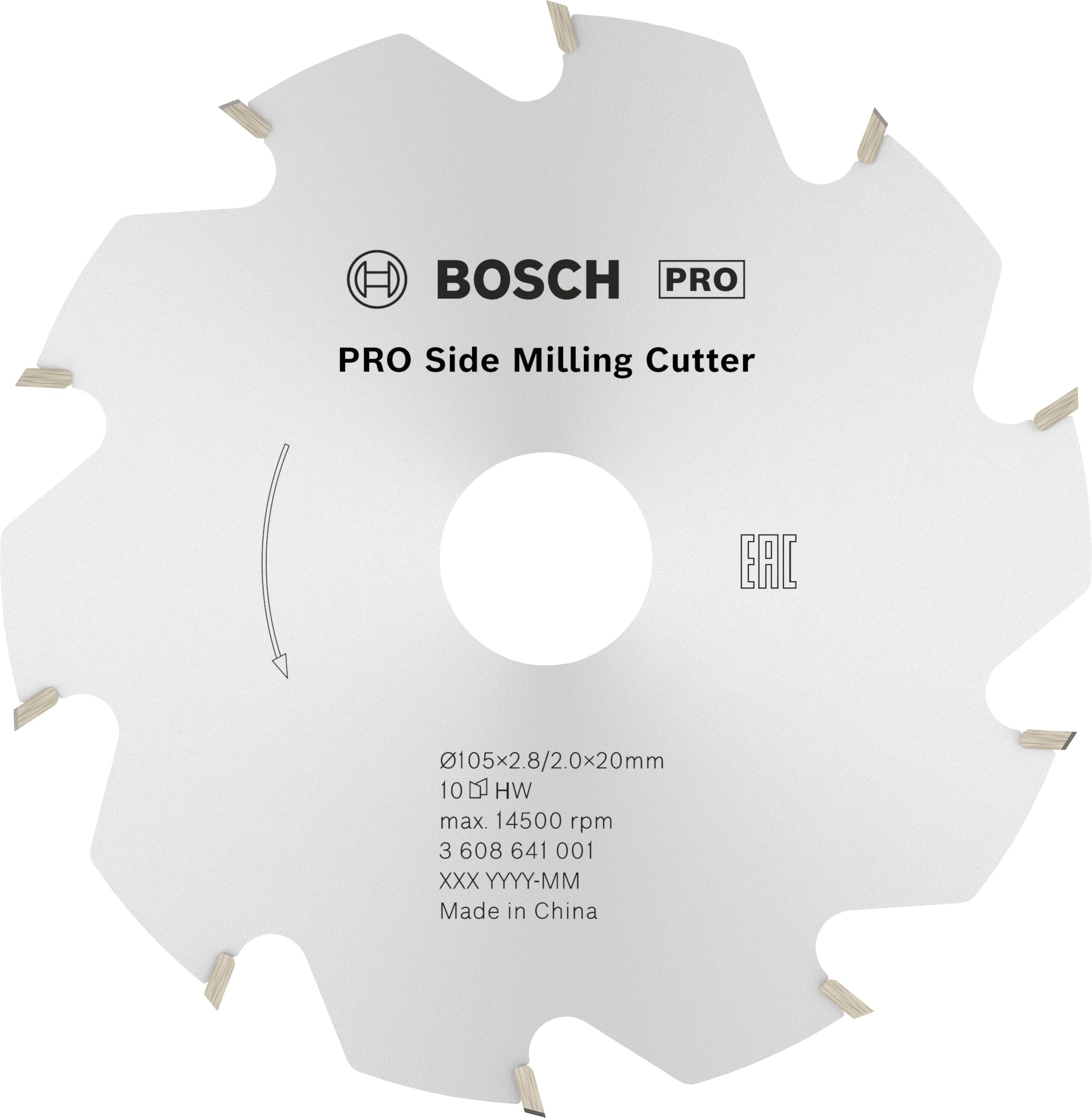 Lame de scie circulaire à huit dents, marque Bosch Pro, pour fraisage latéral. Diamètre 105 mm, 8,2/2,0x20 mm, vitesse maximale 14 500 tr/min, fabriqué en Chine.