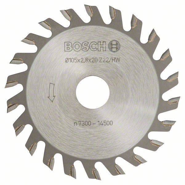 Lame de scie circulaire Bosch, diamètre de 105 mm et 20 dents, en carbure de tungstène, adaptée aux travaux sur bois.