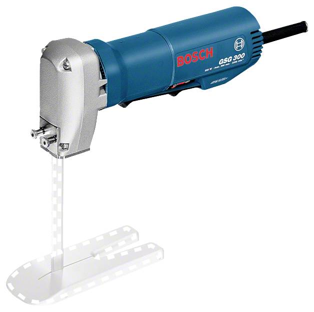 Découpe-mousse électrique Bosch GSG 300 avec lame de coupe verticale sur fond blanc.