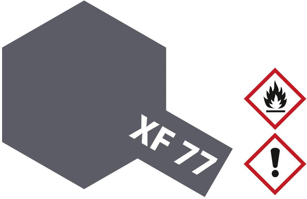 'Couleur gris foncé XF 77.' À côté, deux symboles de danger : flamme pour inflammable et point d'exclamation pour prudence.