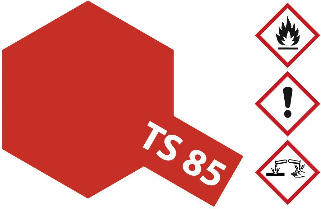 Hexagone rouge avec 'TS 85'. Trois symboles de danger : Flamme (inflammable), Point d'exclamation (avertissement), Liquide corrosif (corrosion).