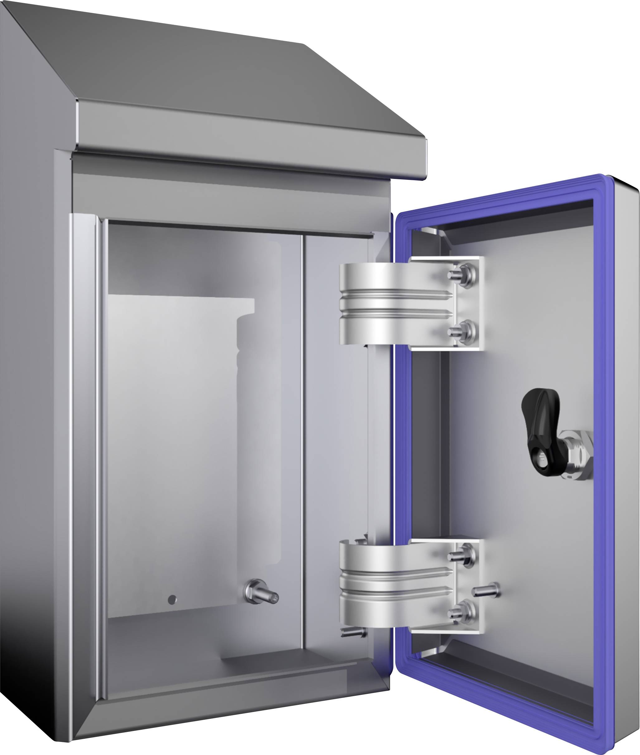 Un armoire électrique extérieure métallique ouverte, avec un joint d'étanchéité bleu sur la porte et une poignée noire, montée devant un mur gris.
