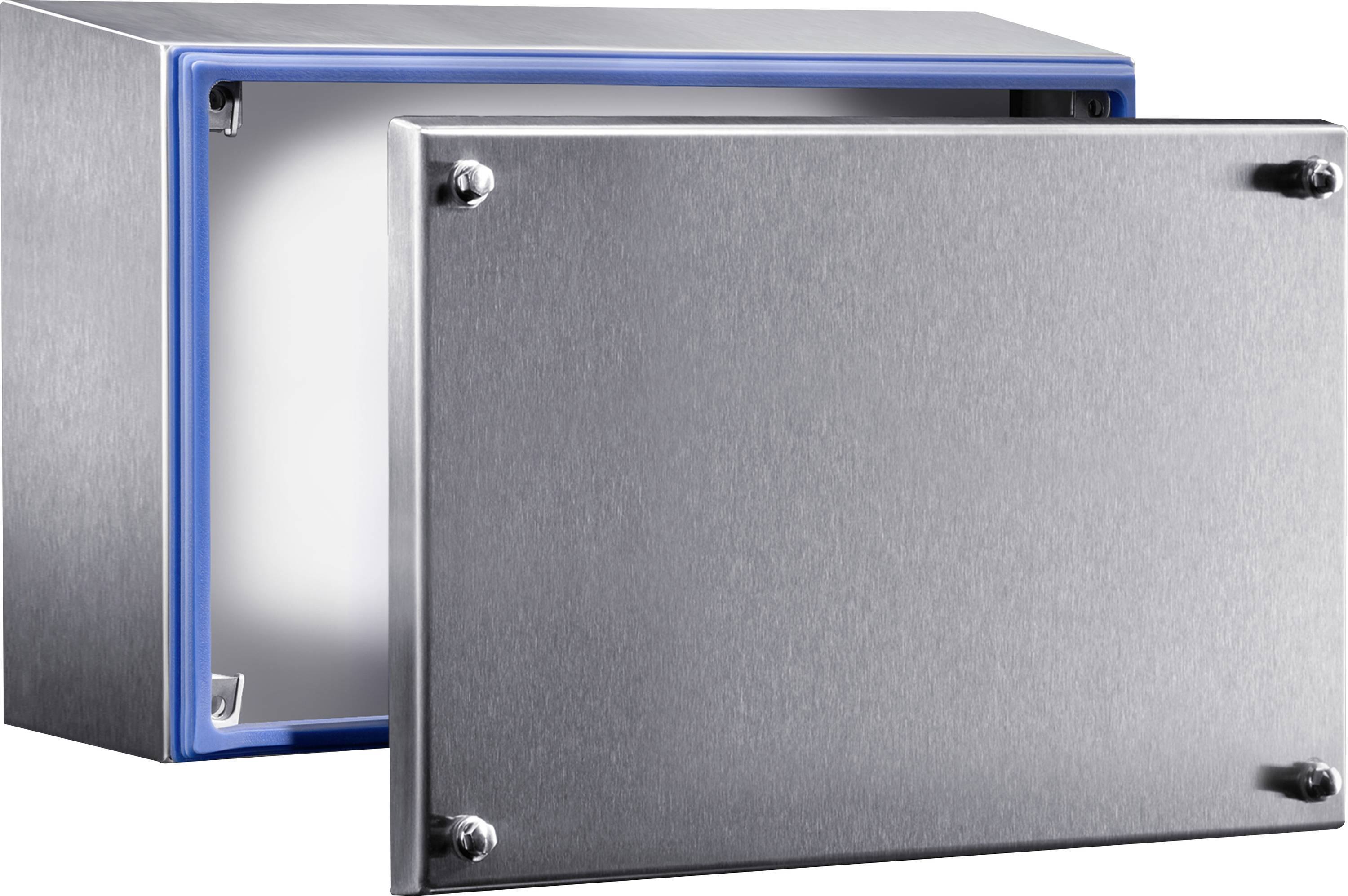 Un boîtier rectangulaire en métal argenté avec un couvercle amovible, un joint d'étanchéité bleu et quatre vis aux coins.