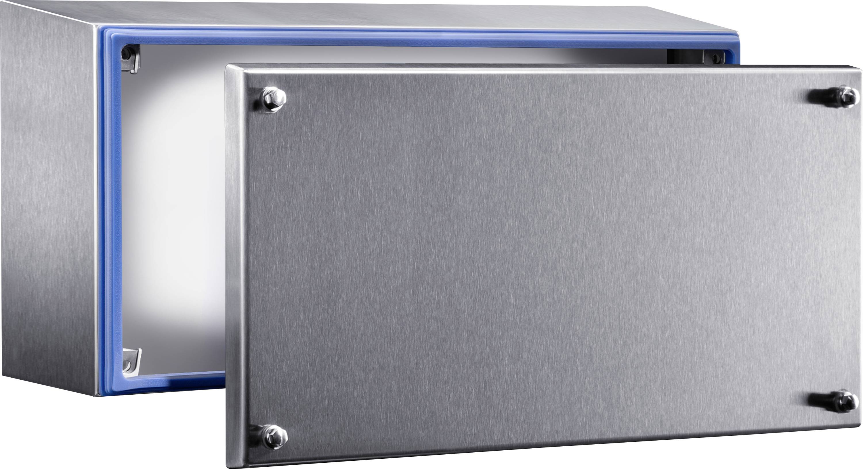 Boîtier en acier inoxydable avec façade ouverte, joint bleu et vis de fixation aux angles, adapté aux applications industrielles.