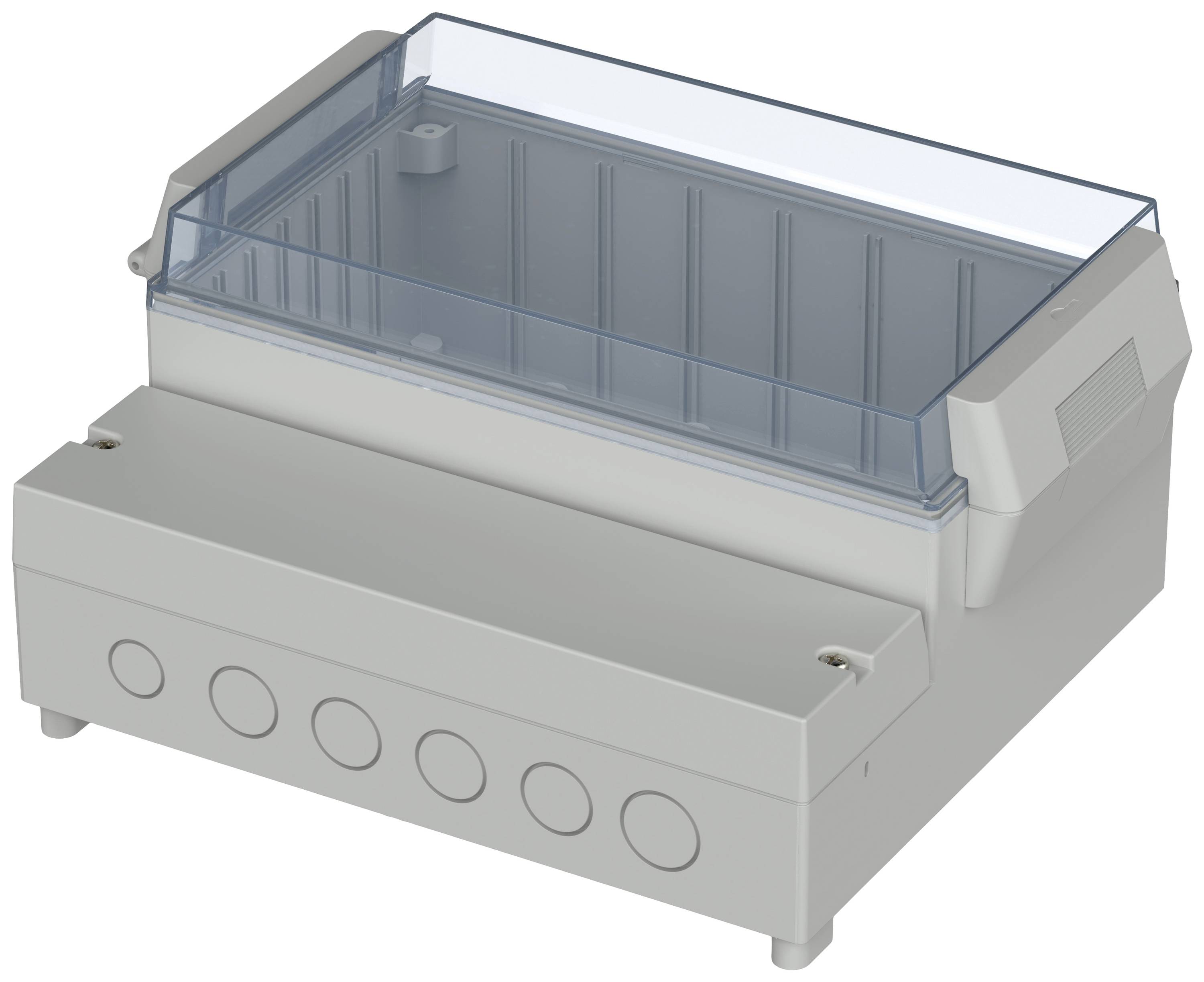 Boîtier gris rectangulaire avec plusieurs ouvertures rondes sur le côté et un couvercle transparent et amovible sur le dessus.
