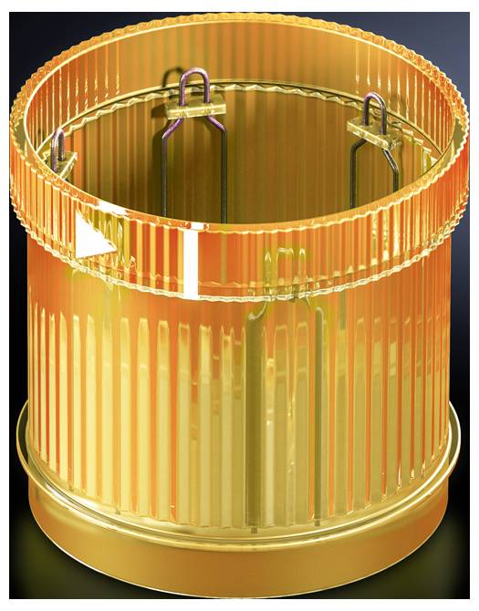 Récipient cylindrique doré avec un boîtier externe strié et transparent, et un fond lisse et brillant.