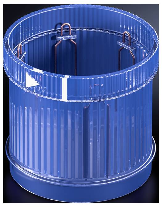 Poubelle bleue, ronde, en plastique, à surface striée, posée sur un fond sombre.