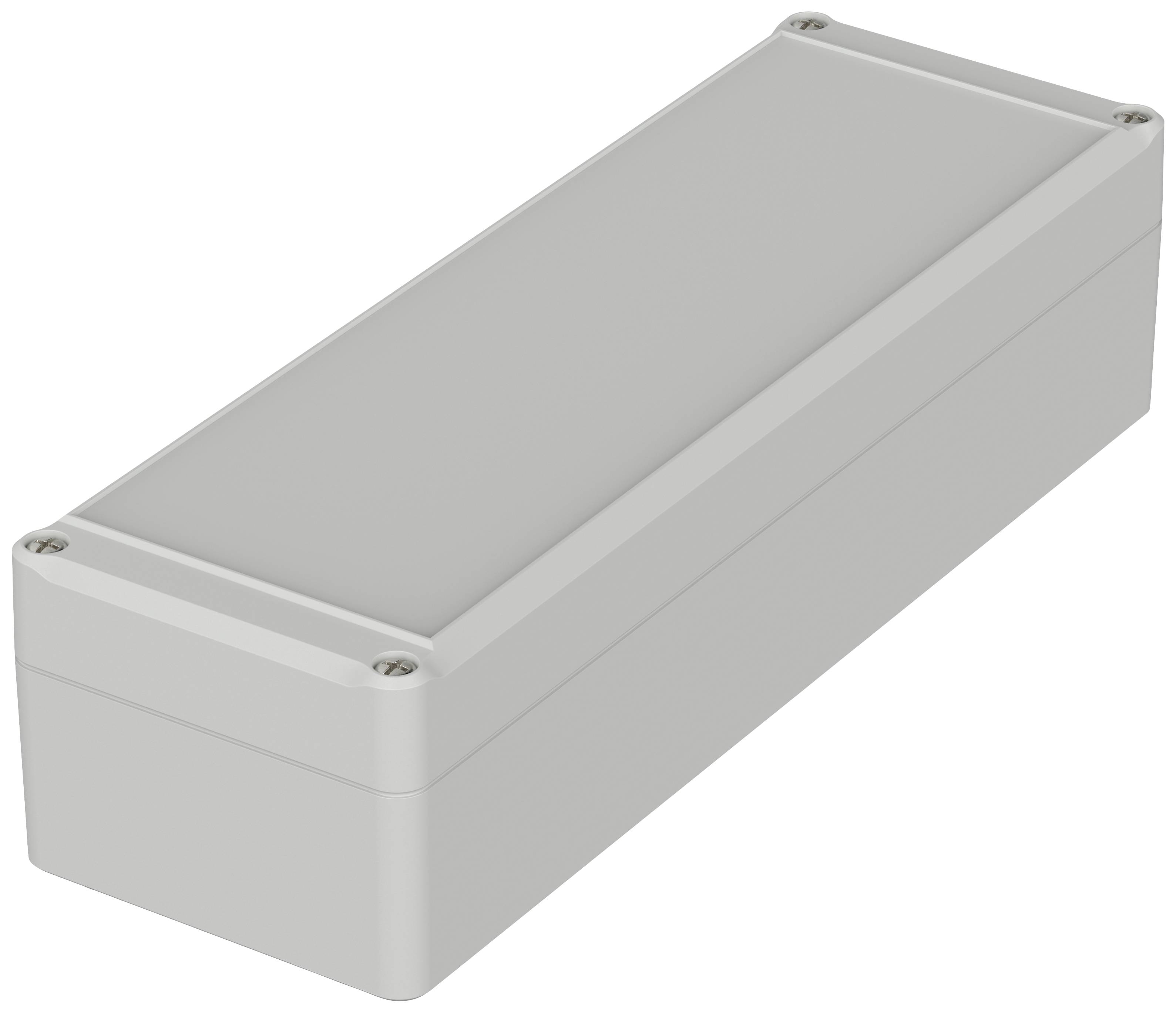 Boîtier rectangulaire gris aux coins arrondis et quatre vis.
