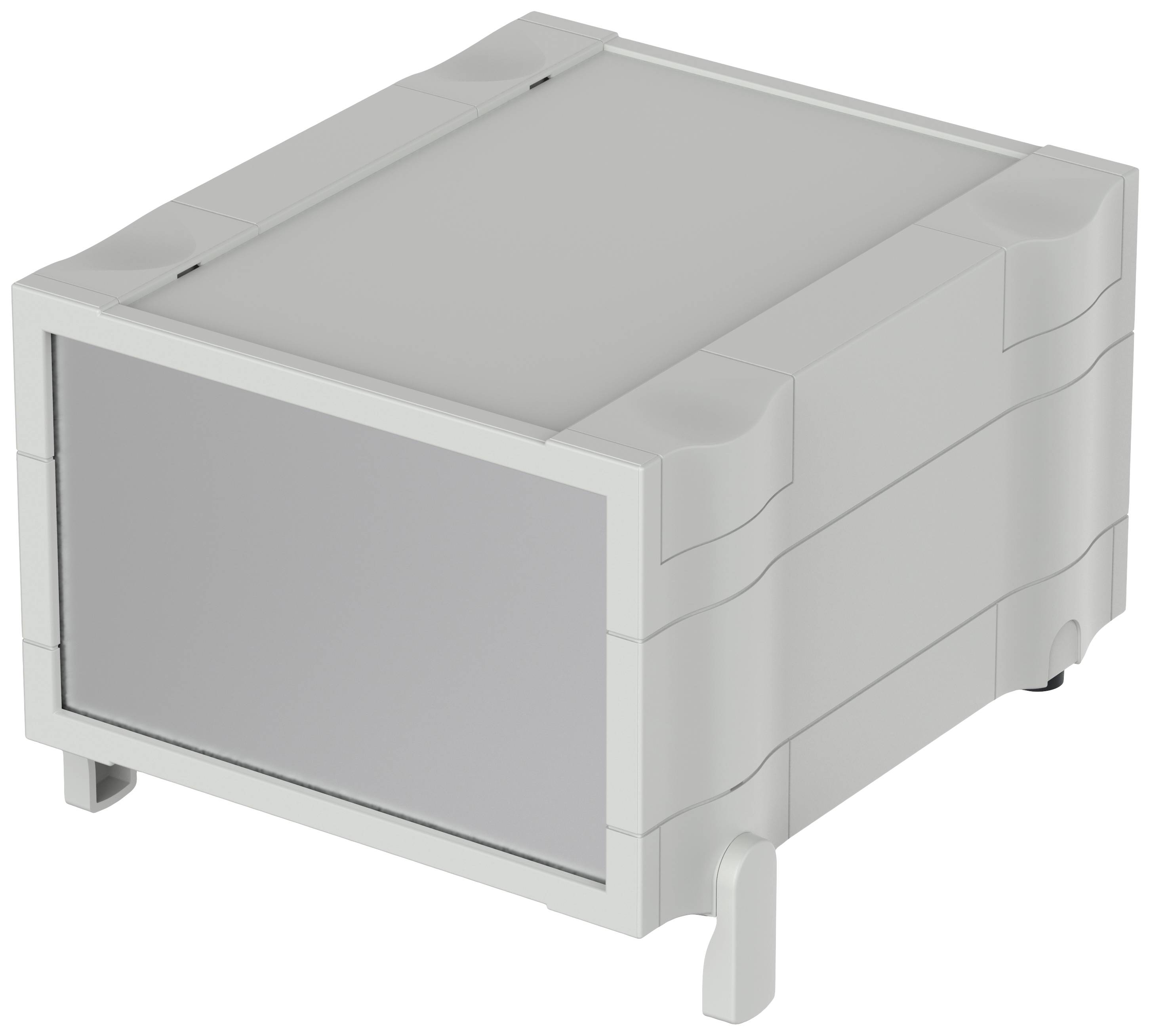 Un boîtier électronique gris rectangulaire au design empilable et aux bords arrondis, placé sur une surface plane.
