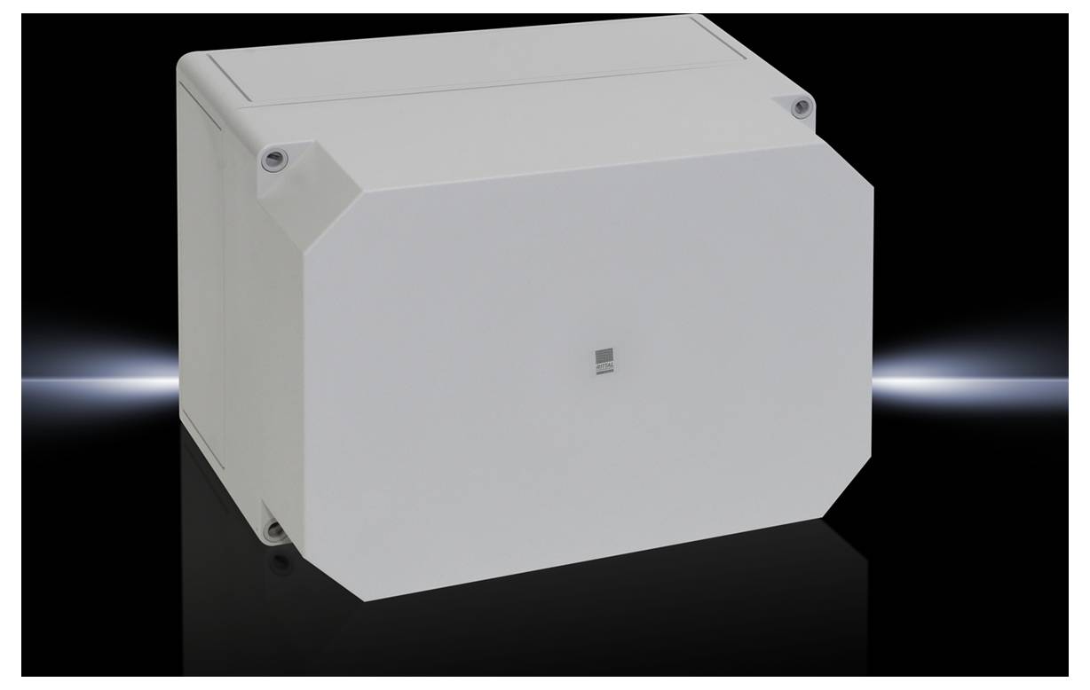 Boîte électronique blanche rectangulaire aux bords arrondis, sur fond noir. Elle possède quatre vis de fixation visibles.