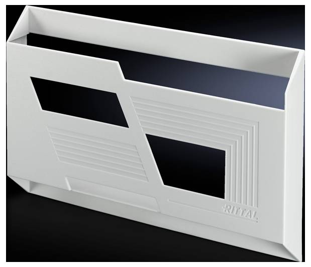 Un boîtier blanc avec des découpes rectangulaires et diagonales et des motifs de lignes délicats. Nom de marque 'RITTAL' estampé en bas à droite.