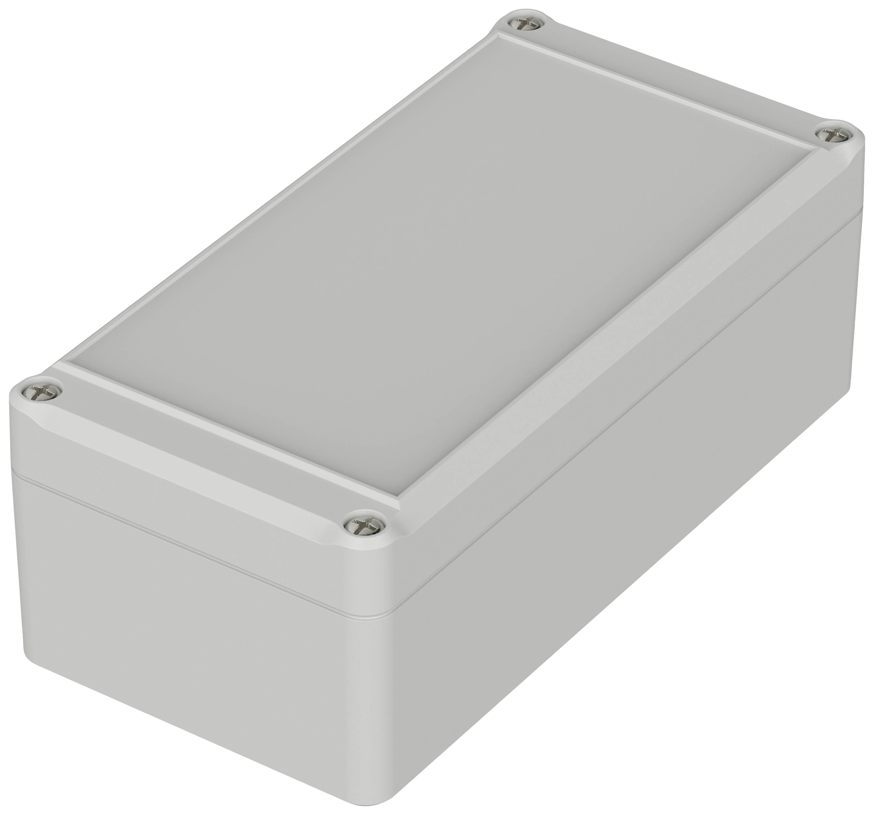 Boîtier rectangulaire en plastique gris avec couvercle amovible et vis aux quatre angles, adapté aux applications électrotechniques.