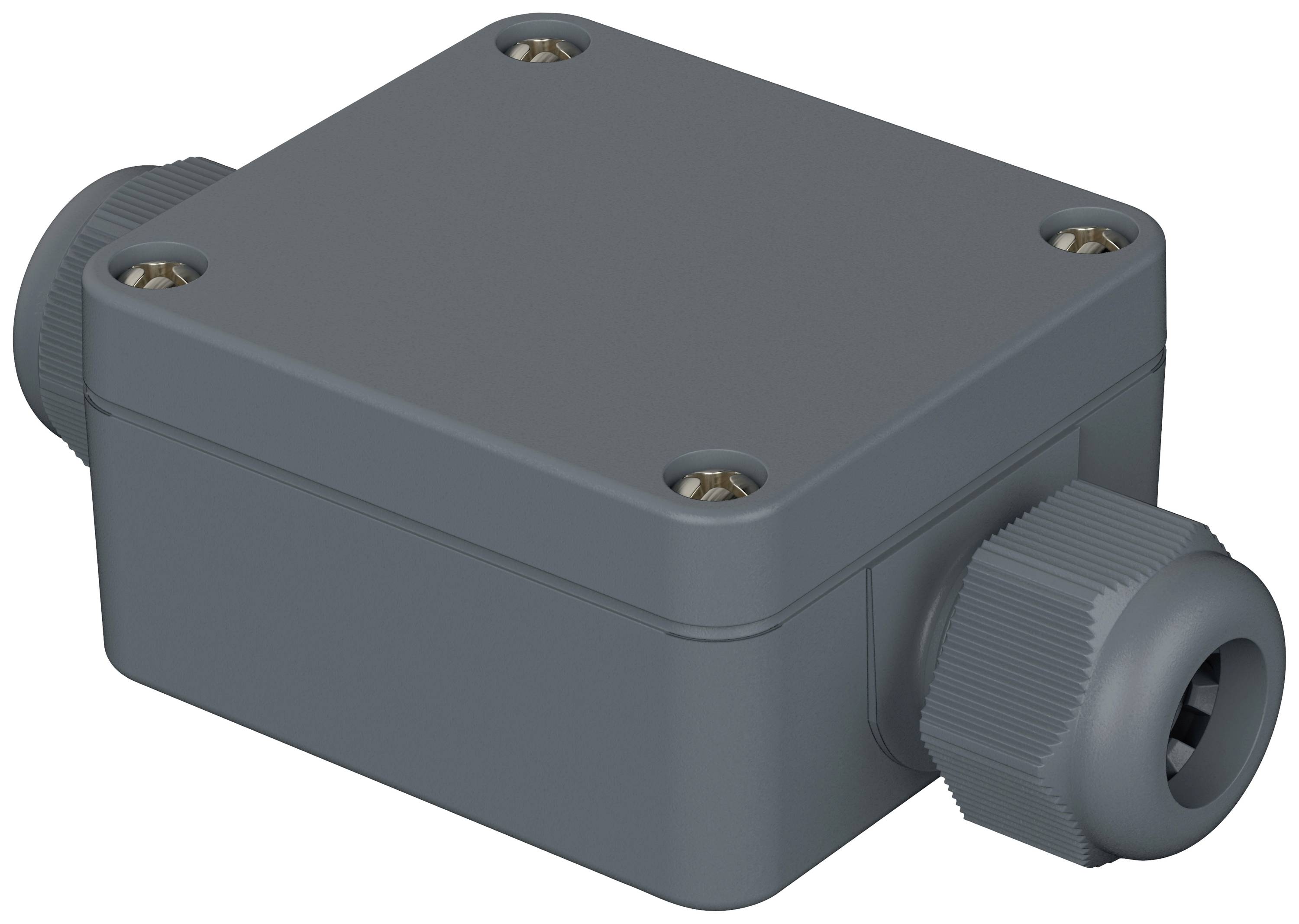 Boîtier rectangulaire gris-noir avec bouchons à vis aux deux extrémités. Il semble destiné à une connexion électrique ou à un montage de protection.
