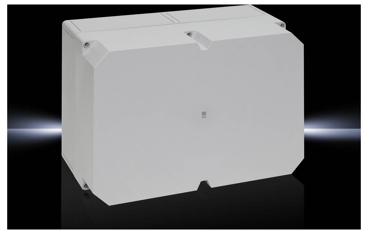 Une boîte rectangulaire blanche en plastique sur un fond noir, probablement un boîtier ou un coffret pour des appareils techniques.