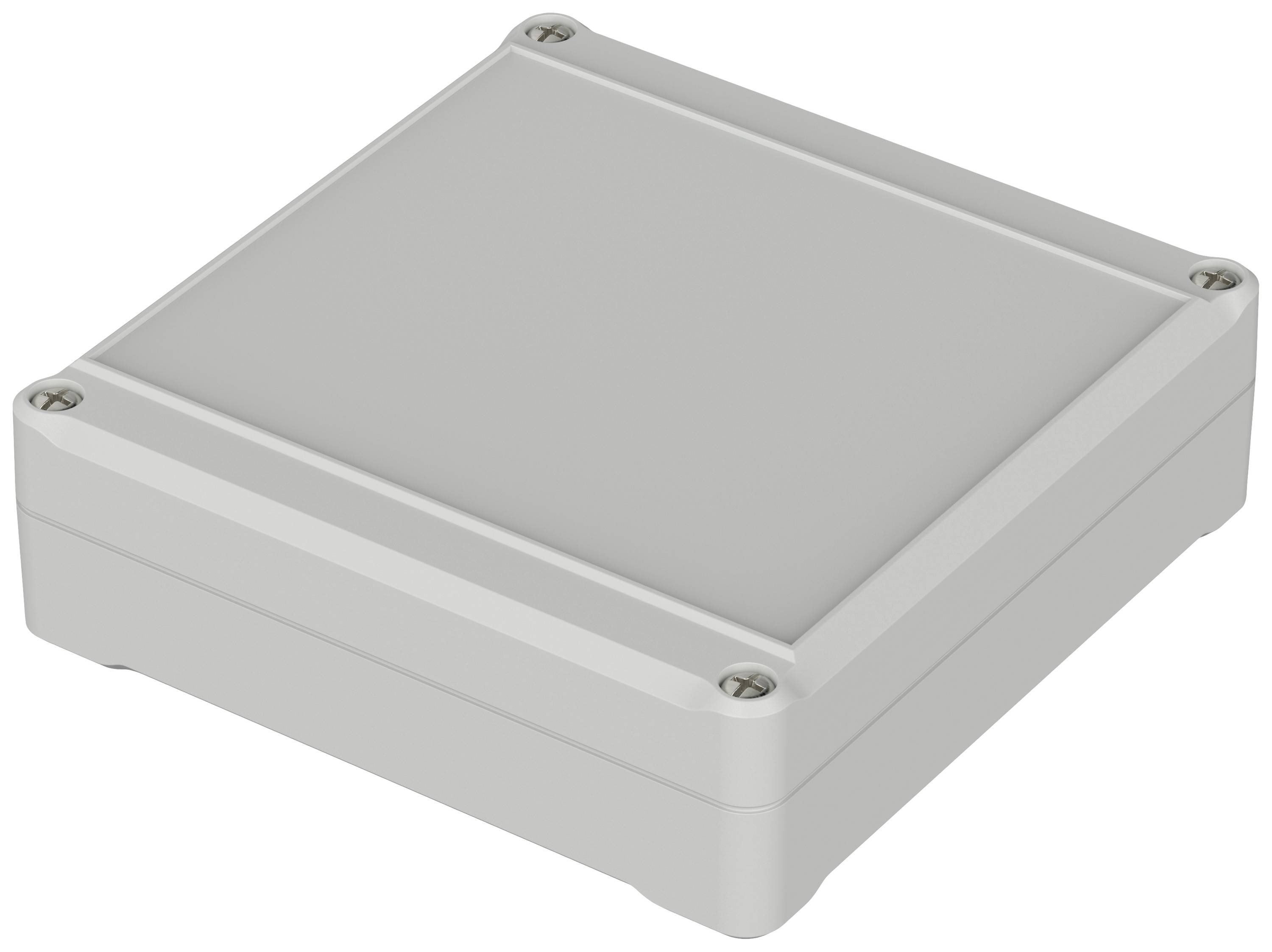 Boîtier rectangulaire gris avec des vis aux coins.