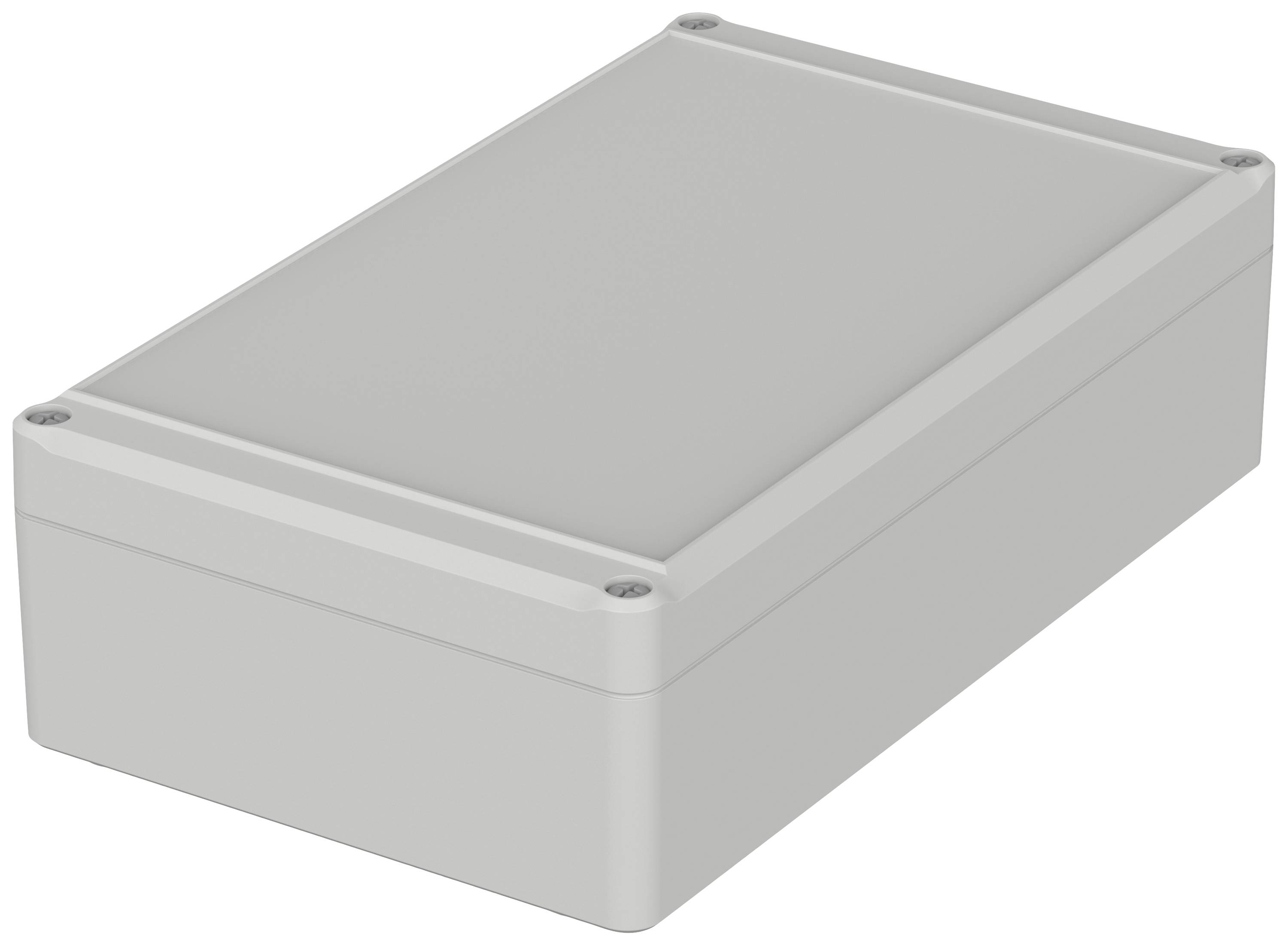 Boîtier rectangulaire en plastique gris aux coins légèrement arrondis, équipé de vis aux angles pour la fixation.