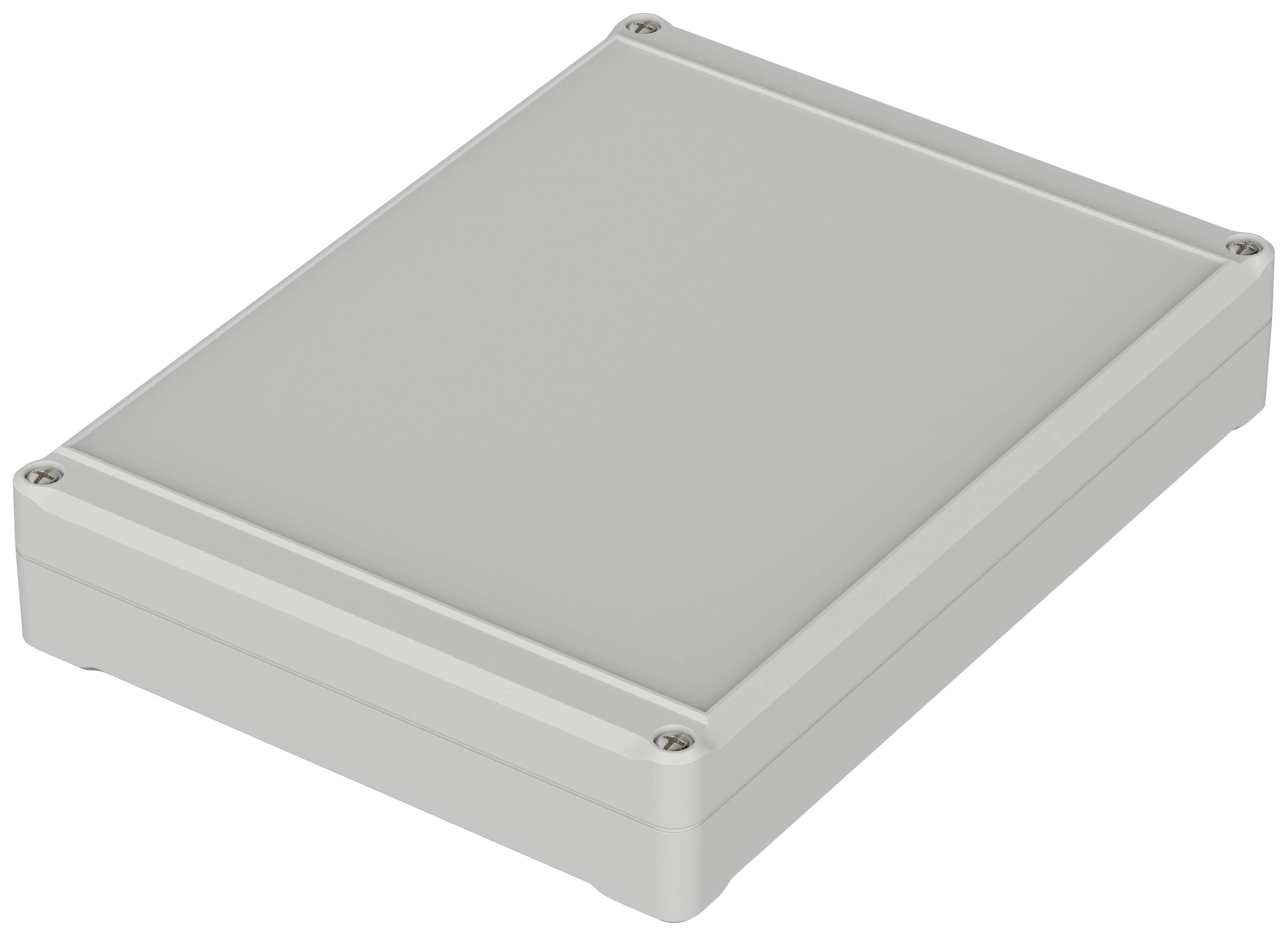 Boîtier rectangulaire gris en plastique avec des vis dans les coins.
