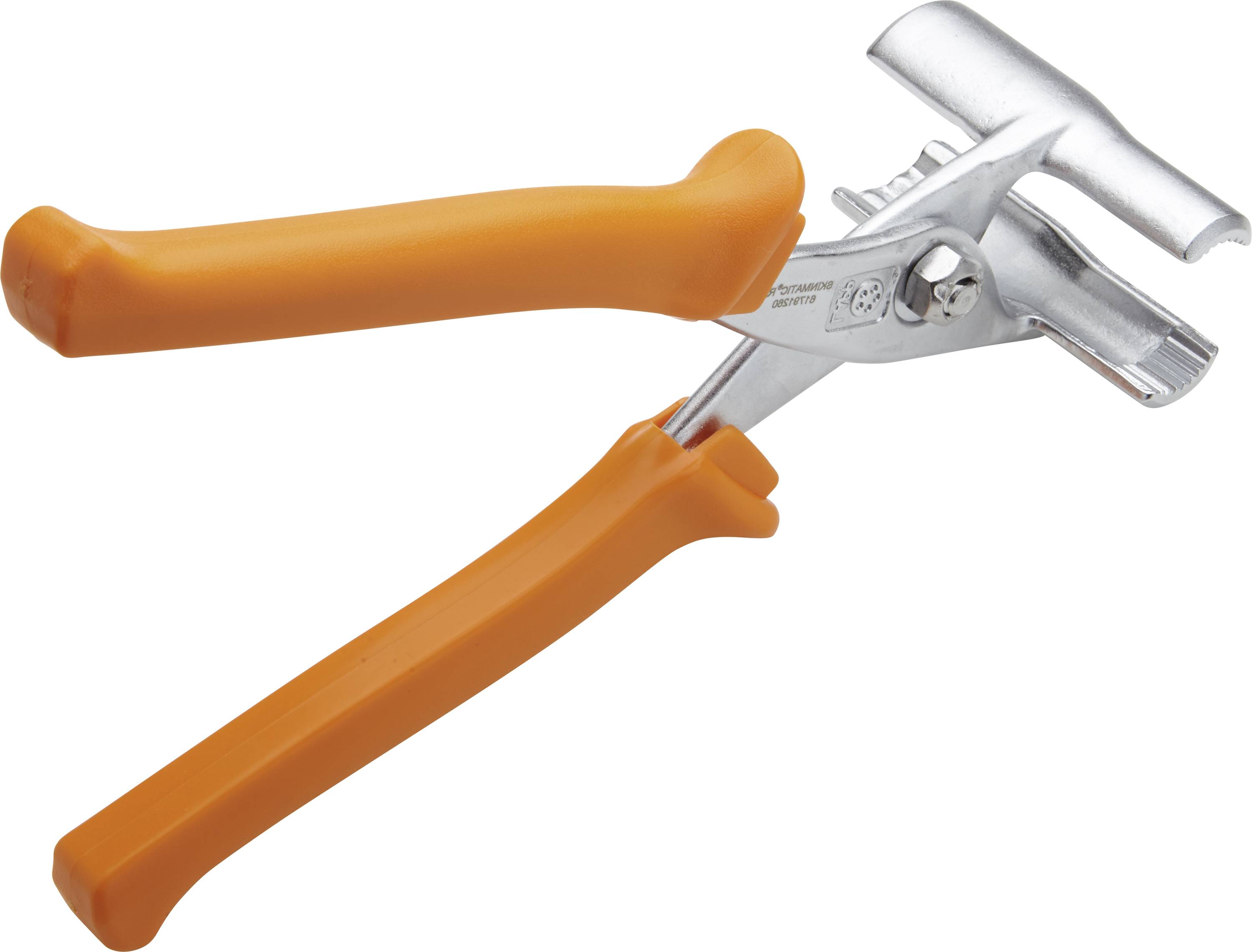 Une pince de barbecue orange avec une tête argentée, utilisée pour saisir et manipuler des objets chauds lors de la cuisson sur le grill ou en cuisine.