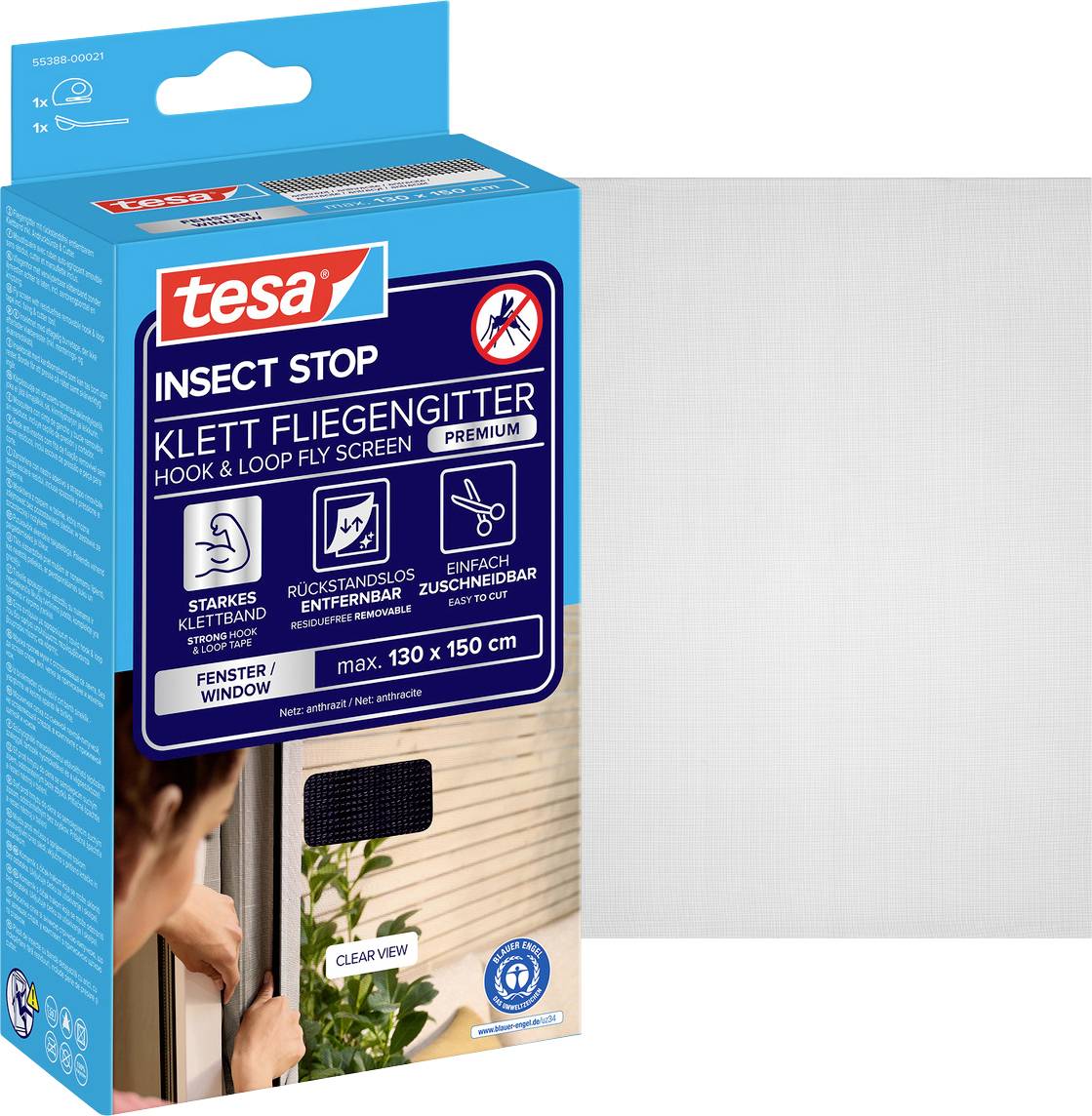 Kit de moustiquaire adhésive tesa Insect Stop avec velcro pour fenêtres, étiqueté « Klett Fliegengitter Premium » avec mailles faciles à découper et amovibles.
