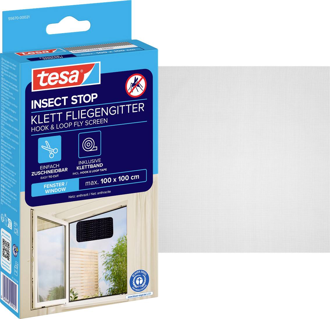 Kit de moustiquaire Tesa Insect Stop avec adhésifs à boucles et crochets pour fenêtres, montrant un rouleau de maille blanche et sa boîte de produit.