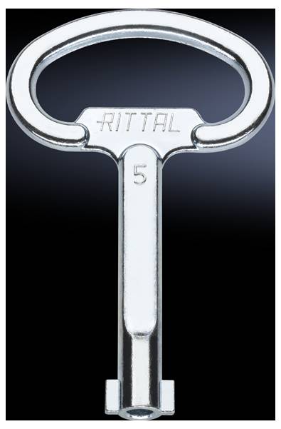 Clé portant l'inscription 'RITTAL 5', brillante et métallique, sur un fond noir.