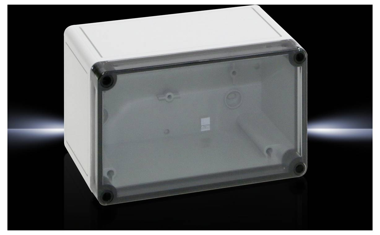 Boîtier électronique gris rectangulaire avec un couvercle transparent et des angles arrondis, présenté devant un fond sombre.