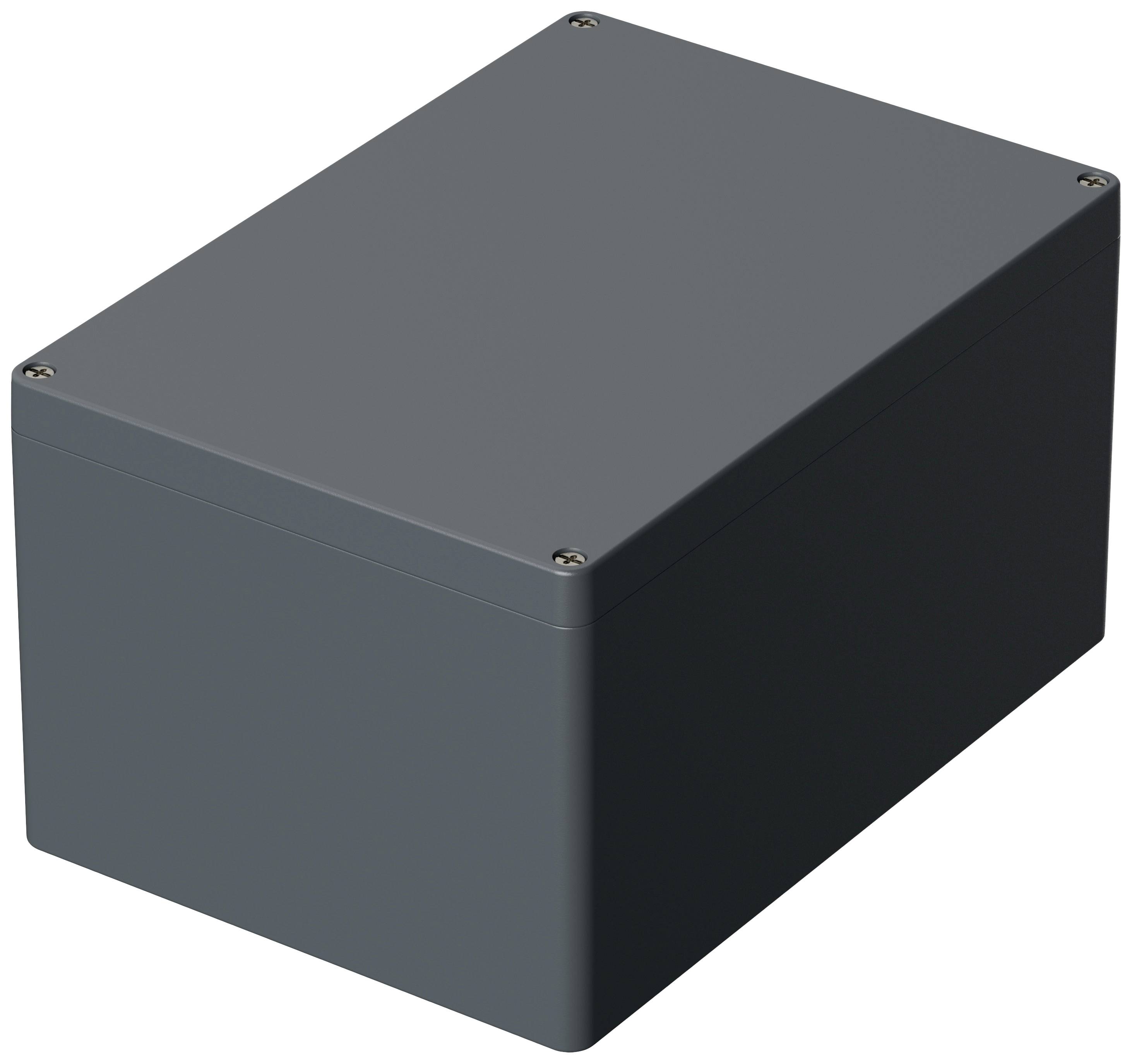 Un boîtier électronique rectangulaire gris avec des angles arrondis et des vis dans les coins. Il sert à protéger les composants.