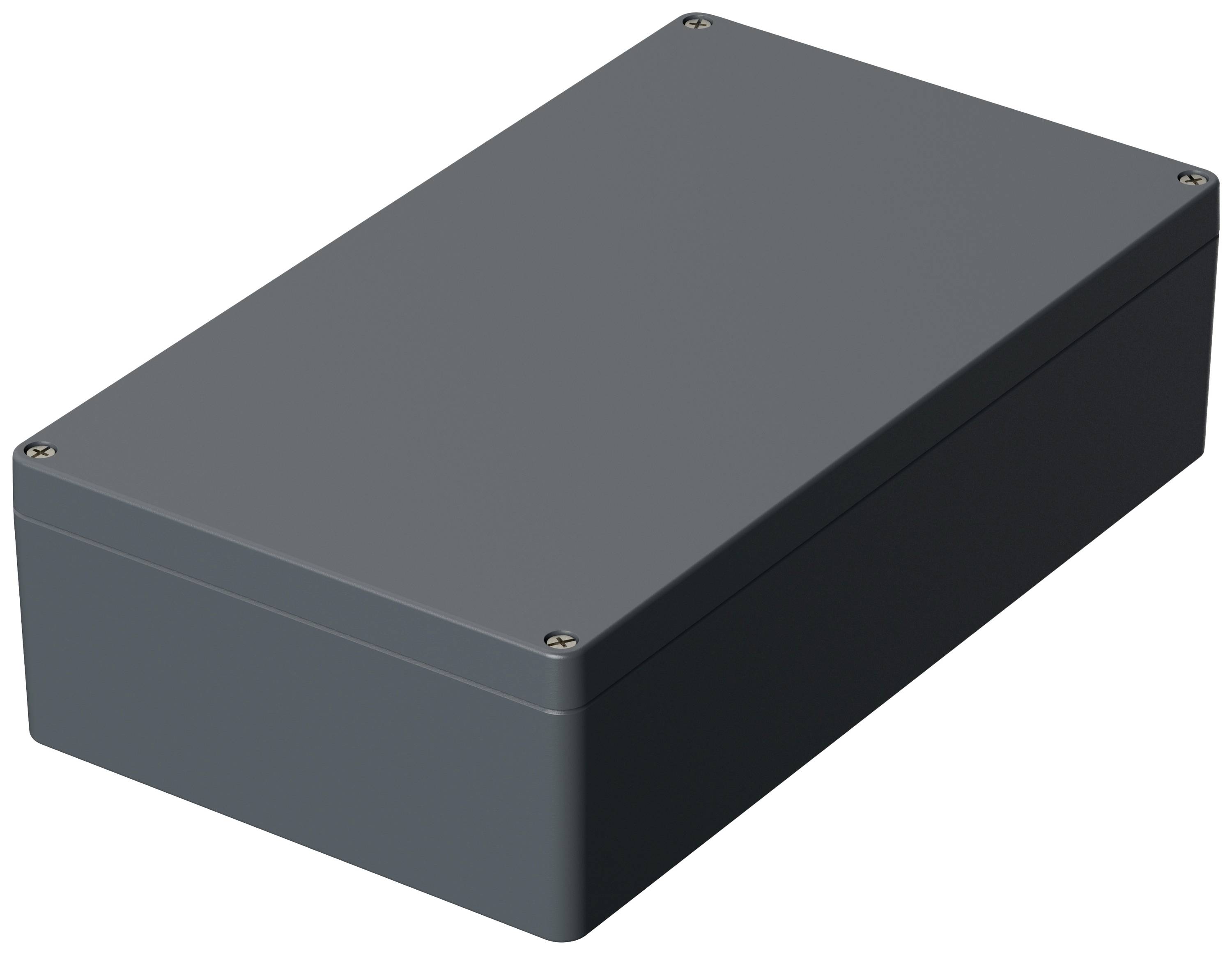 Un boîtier rectangulaire gris aux angles arrondis, doté de vis dans les coins, probablement destiné à des appareils électroniques.