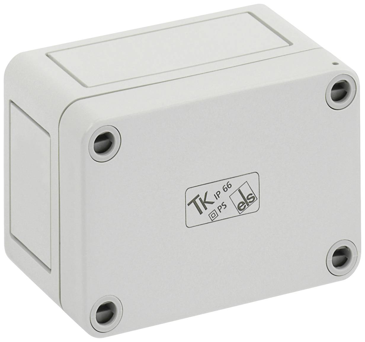 Boîtier rectangulaire en plastique gris avec quatre vis aux coins. Au centre est inscrit 'TK IP66' et il offre une protection contre la poussière et l'eau.
