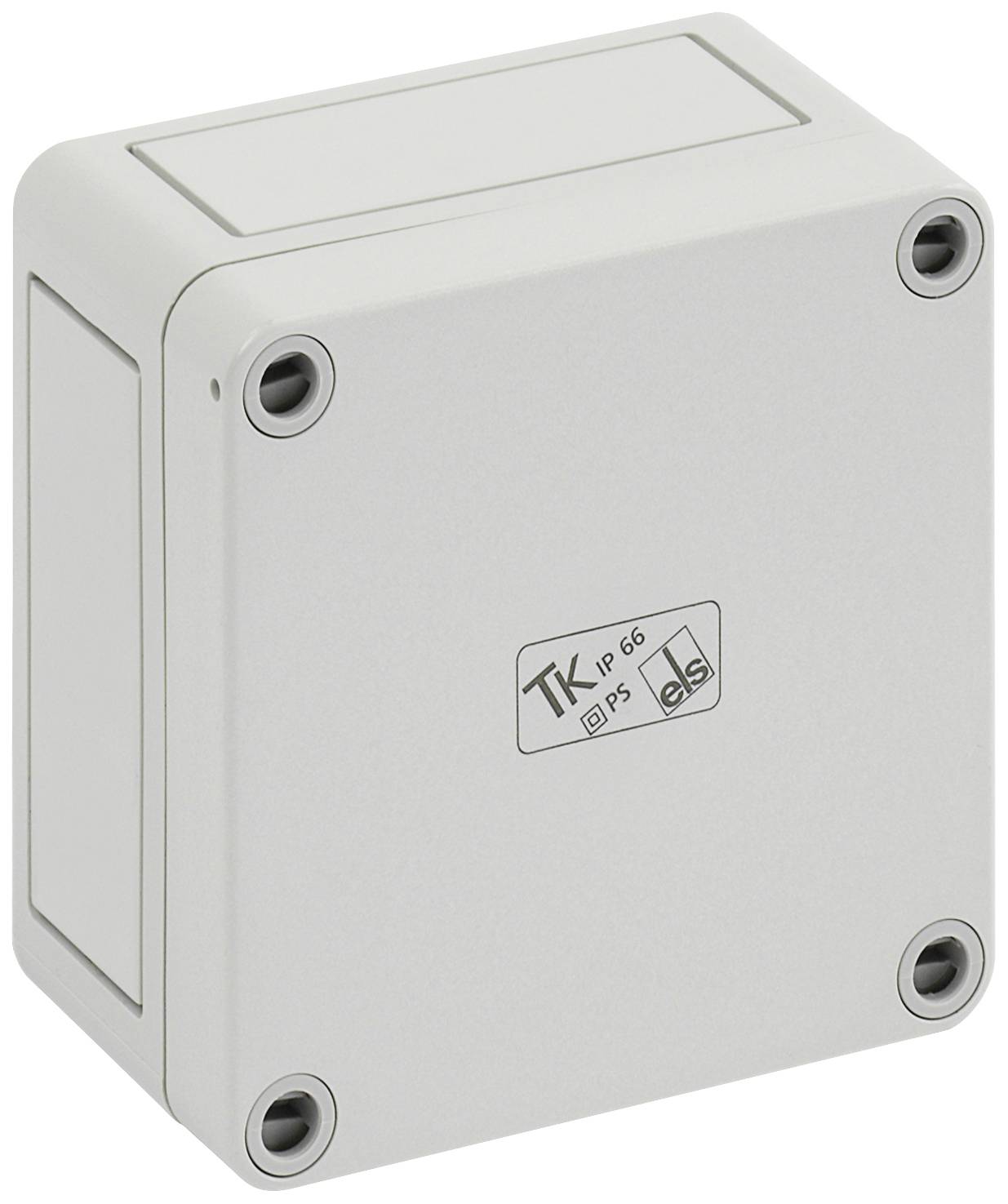 Boîtier rectangulaire en plastique gris avec quatre vis aux coins, étiqueté 'TK IP 66'. Adapté pour les installations électriques.