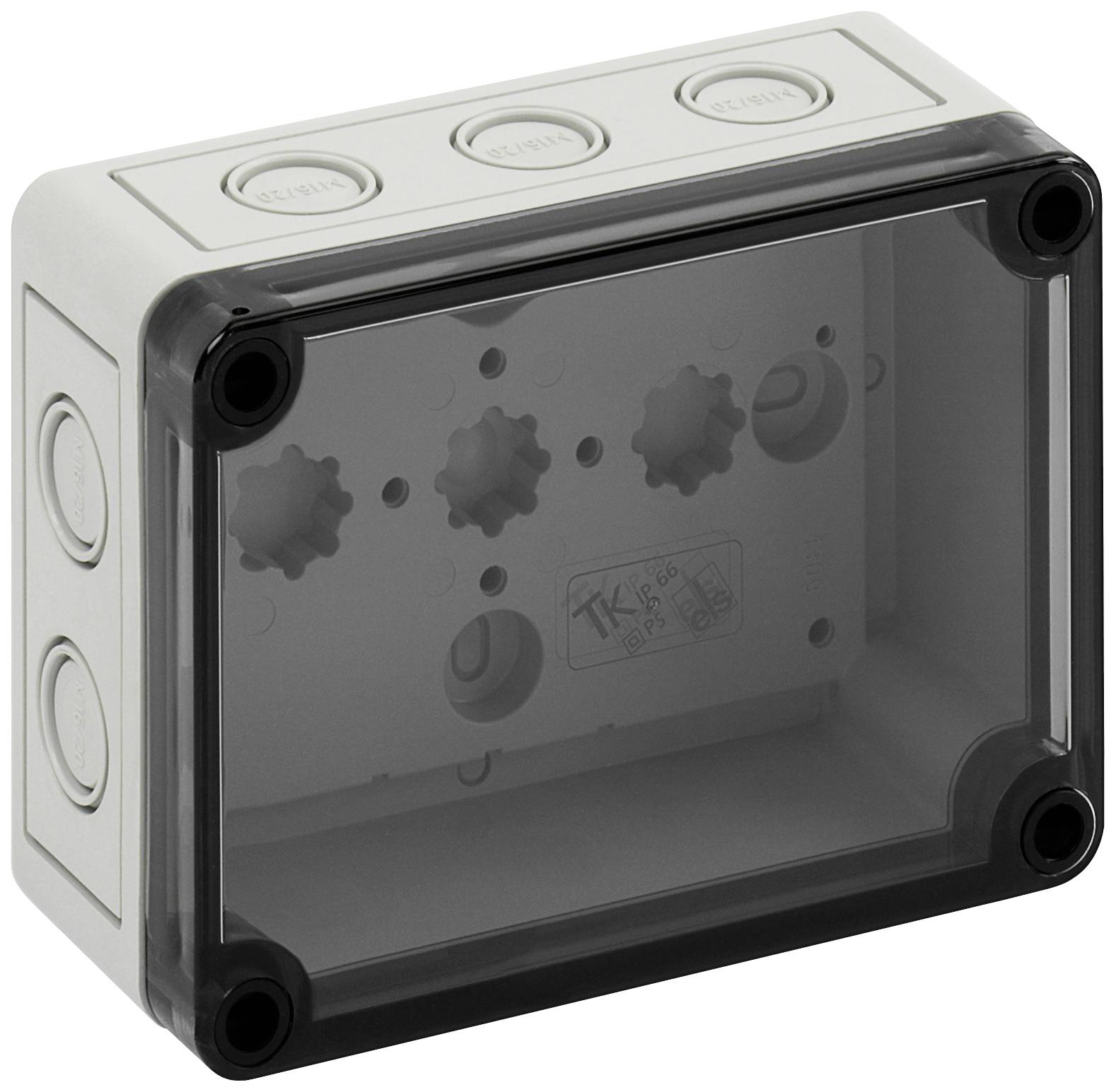 Boîtier rectangulaire en plastique gris avec couvercle transparent et plusieurs trous prédécoupés pour le passage des câbles.