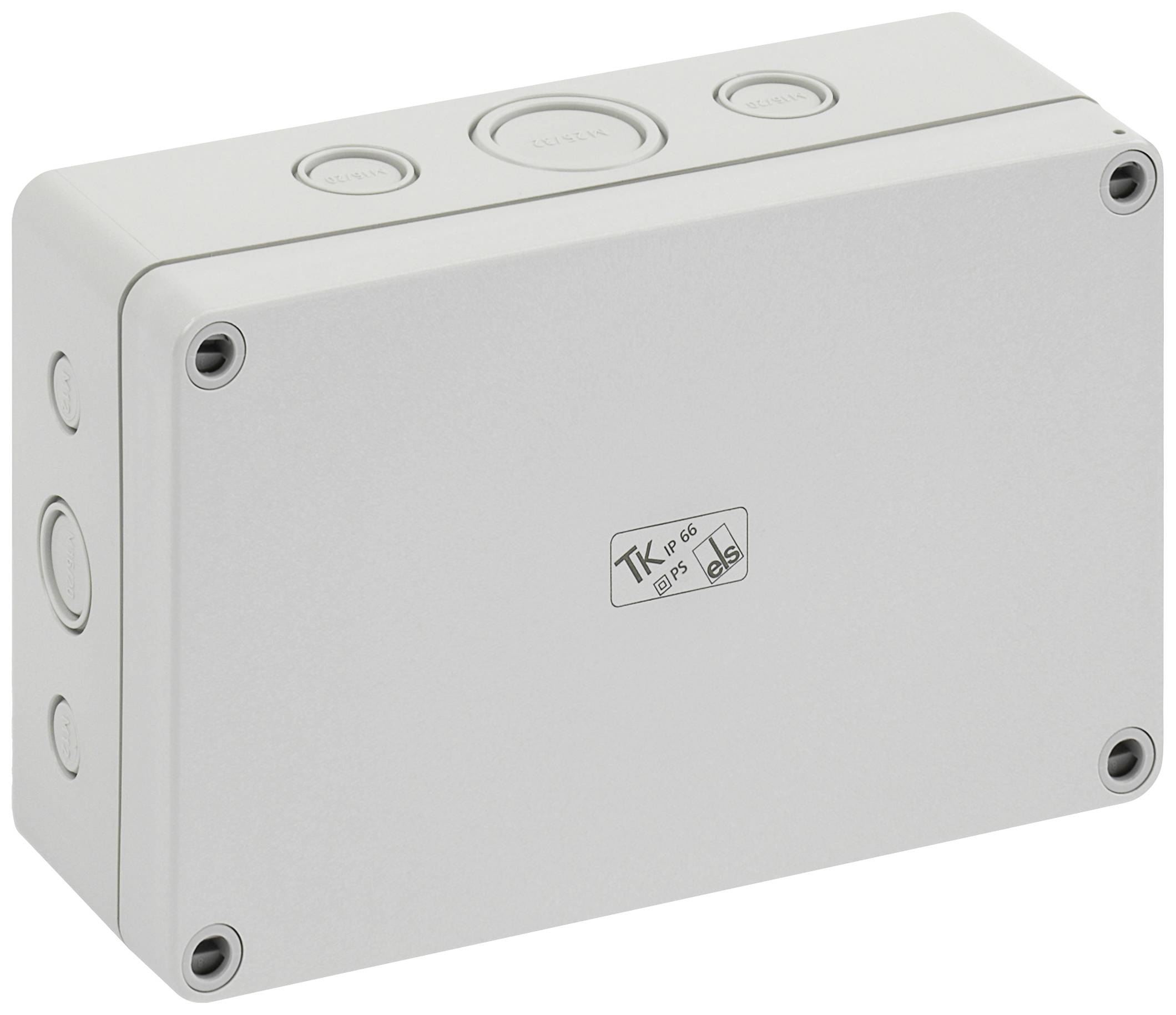 Boîte de jonction rectangulaire en plastique gris-blanc, avec plusieurs entrées de câbles et une étiquette 'IP 66' sur la face avant.