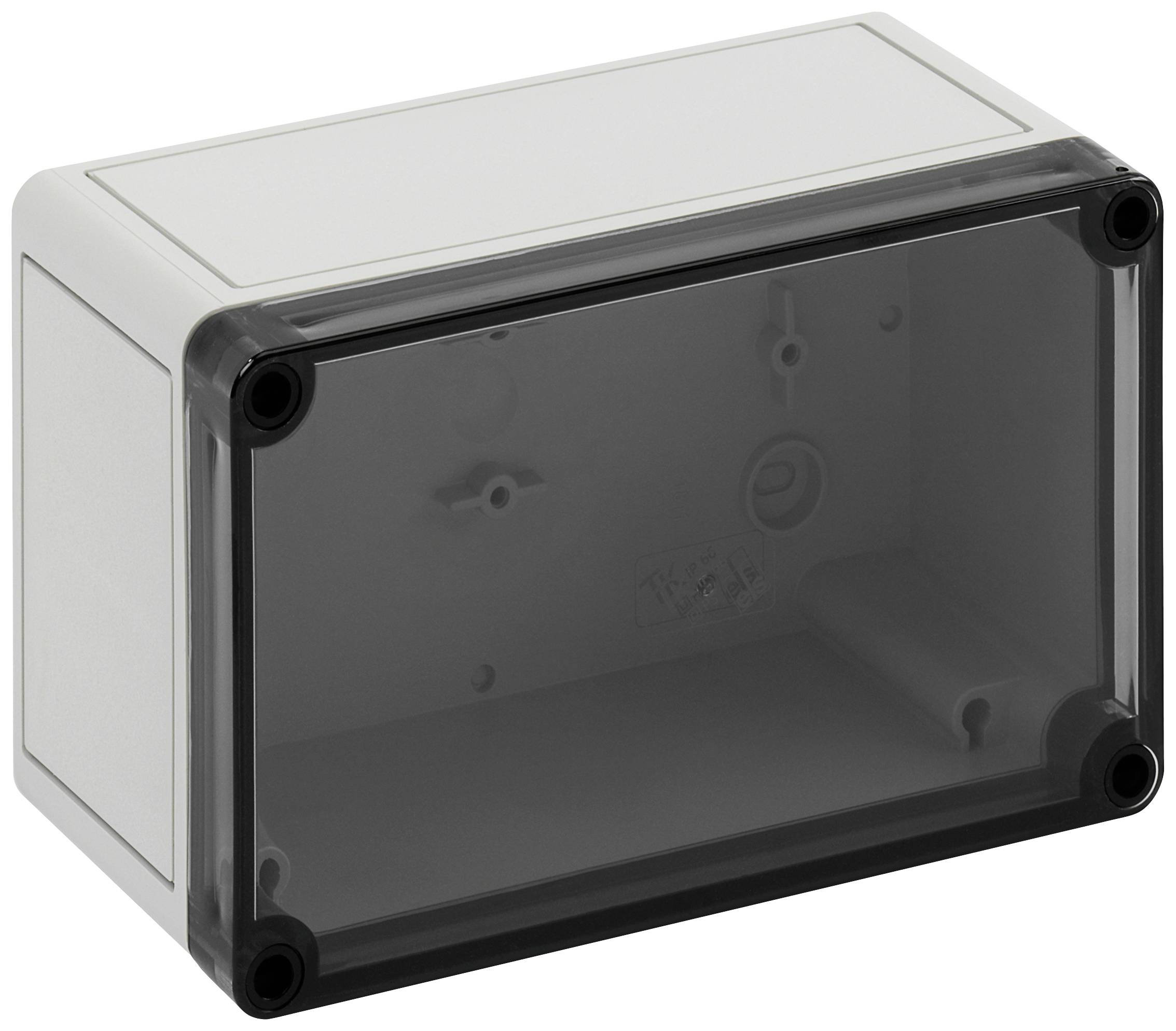 Une boîte en plastique transparent rectangulaire avec un couvercle amovible. Elle possède quatre vis d'angle et est vide à l'intérieur.
