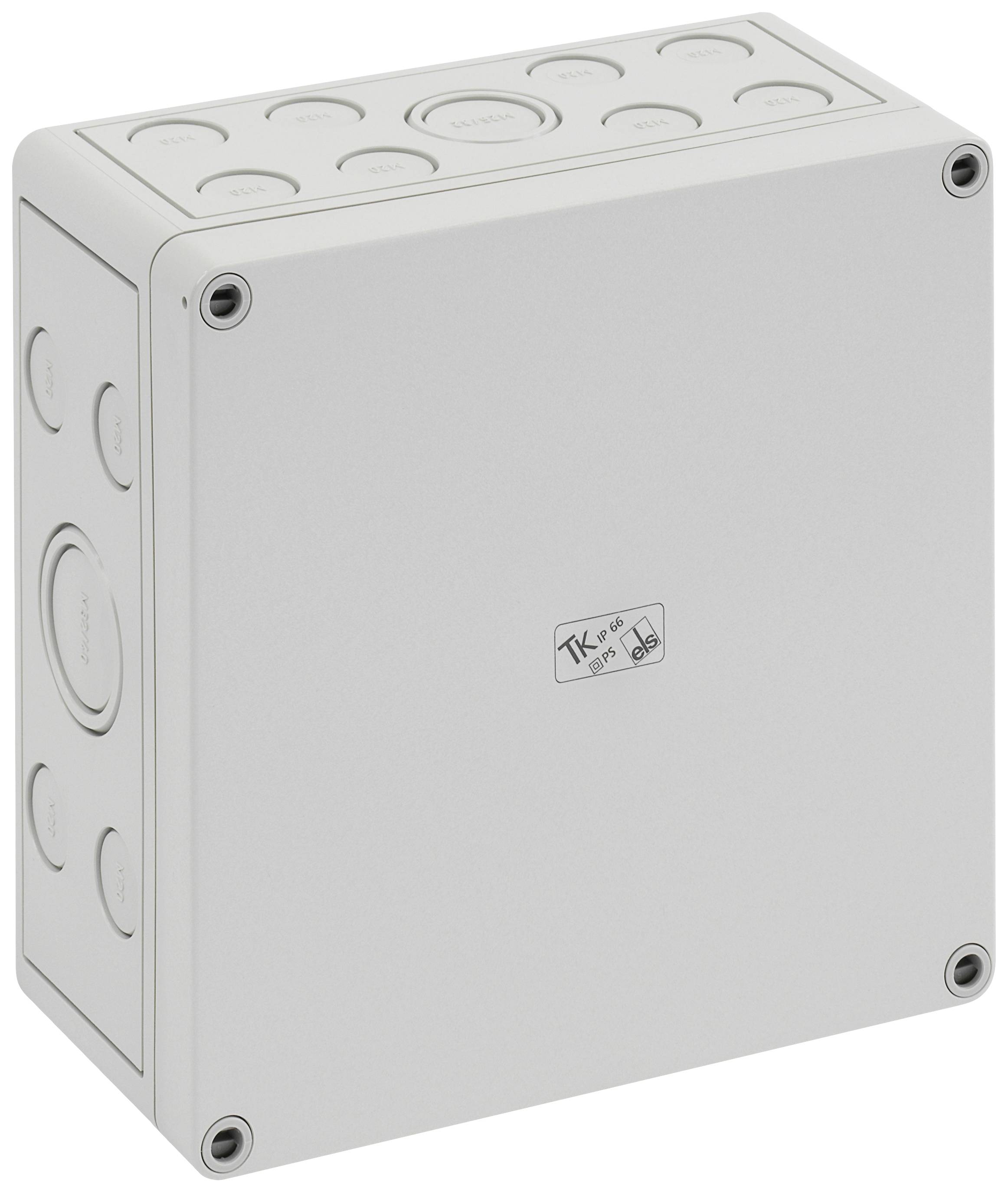 Boîte de dérivation en plastique blanc avec plusieurs ouvertures pour câbles, adaptée aux installations électriques intérieures.