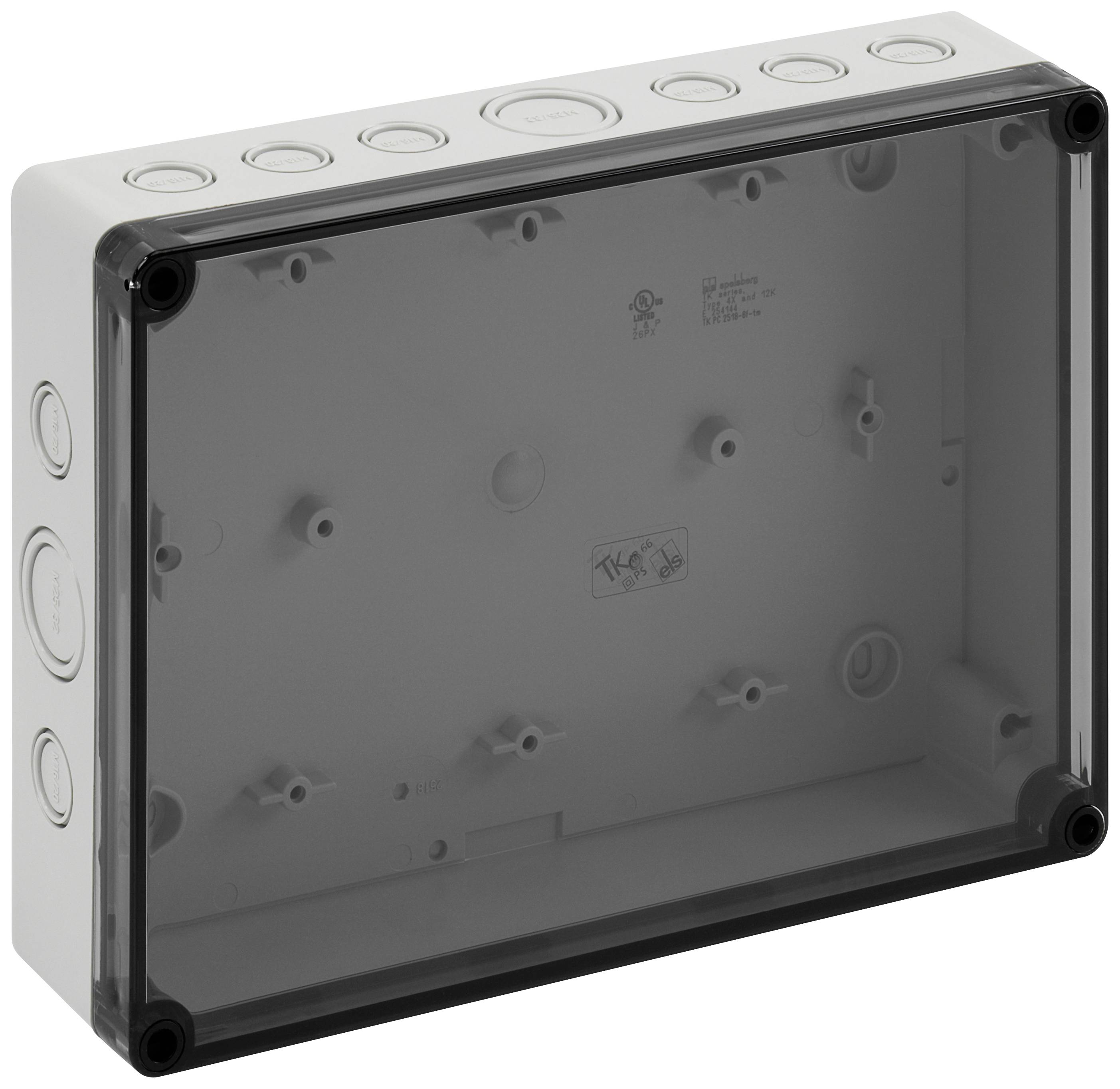 Boîtier rectangulaire gris avec couvercle transparent et passages préformés sur les côtés, adapté à l'installation électrique.