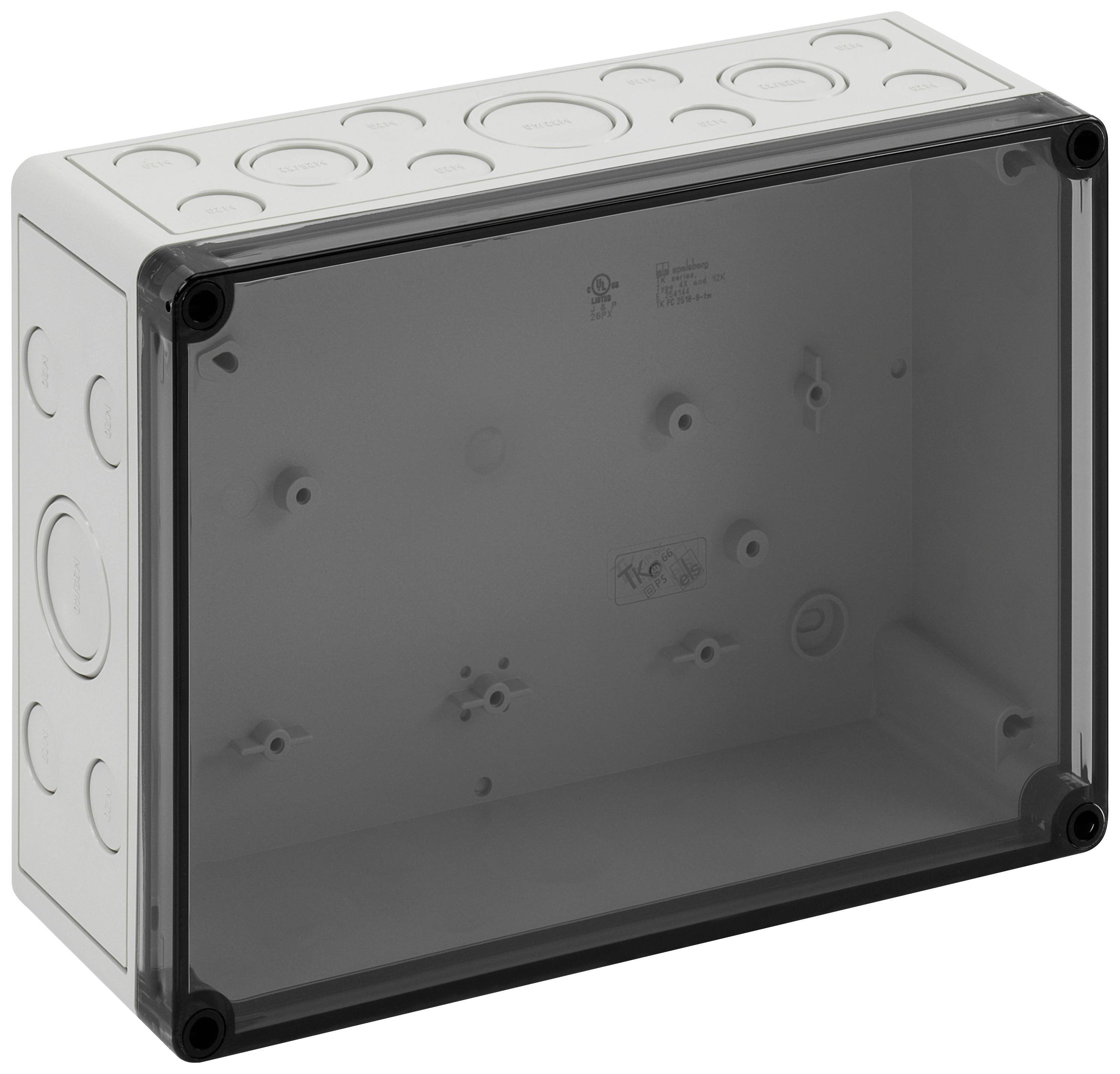Un boîtier rectangulaire en plastique transparent, adapté aux installations électriques, avec plusieurs ouvertures prédécoupées.