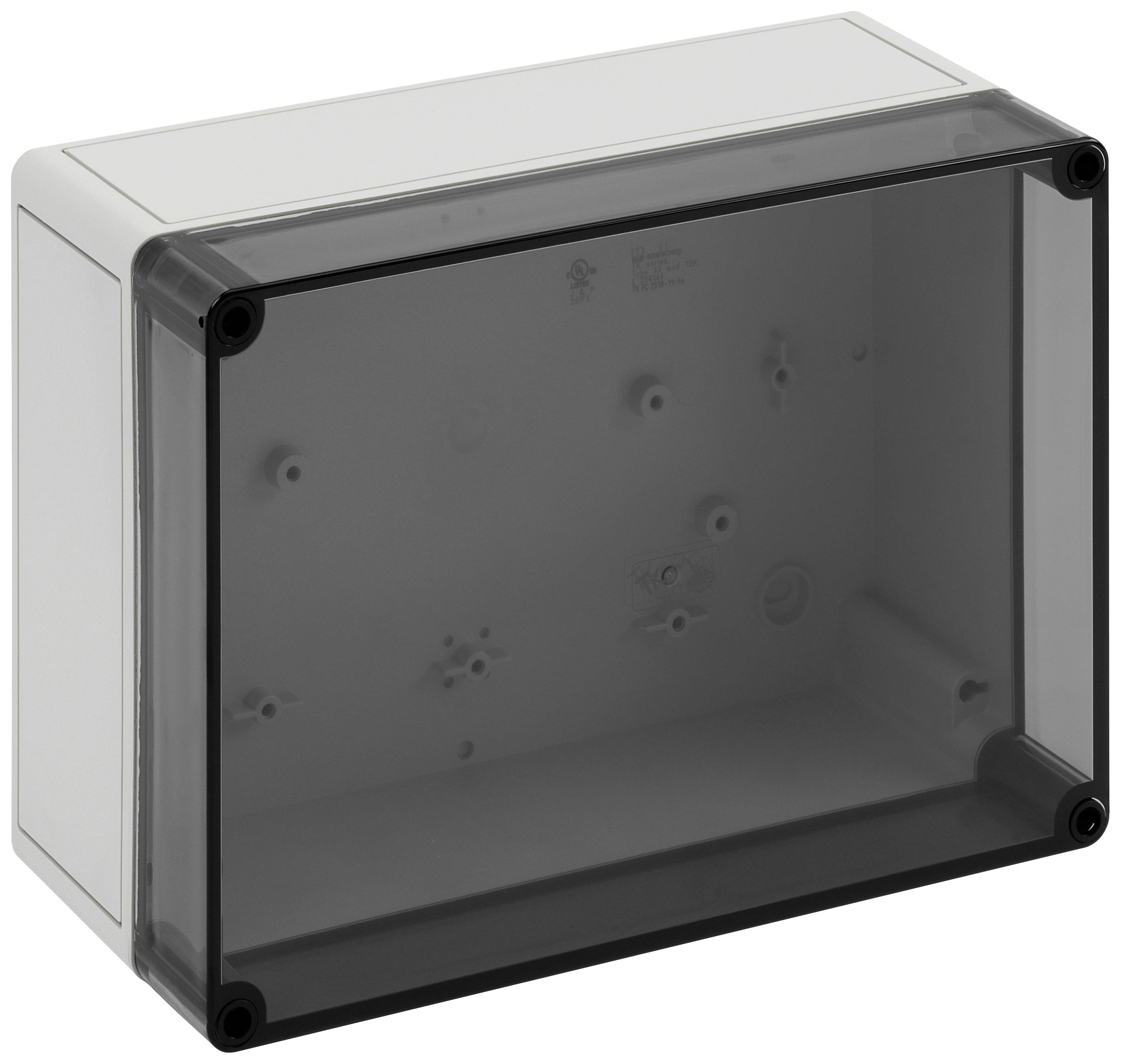 Boîtier rectangulaire en plastique transparent, adapté pour protéger les composants ou systèmes électroniques contre les facteurs environnementaux.