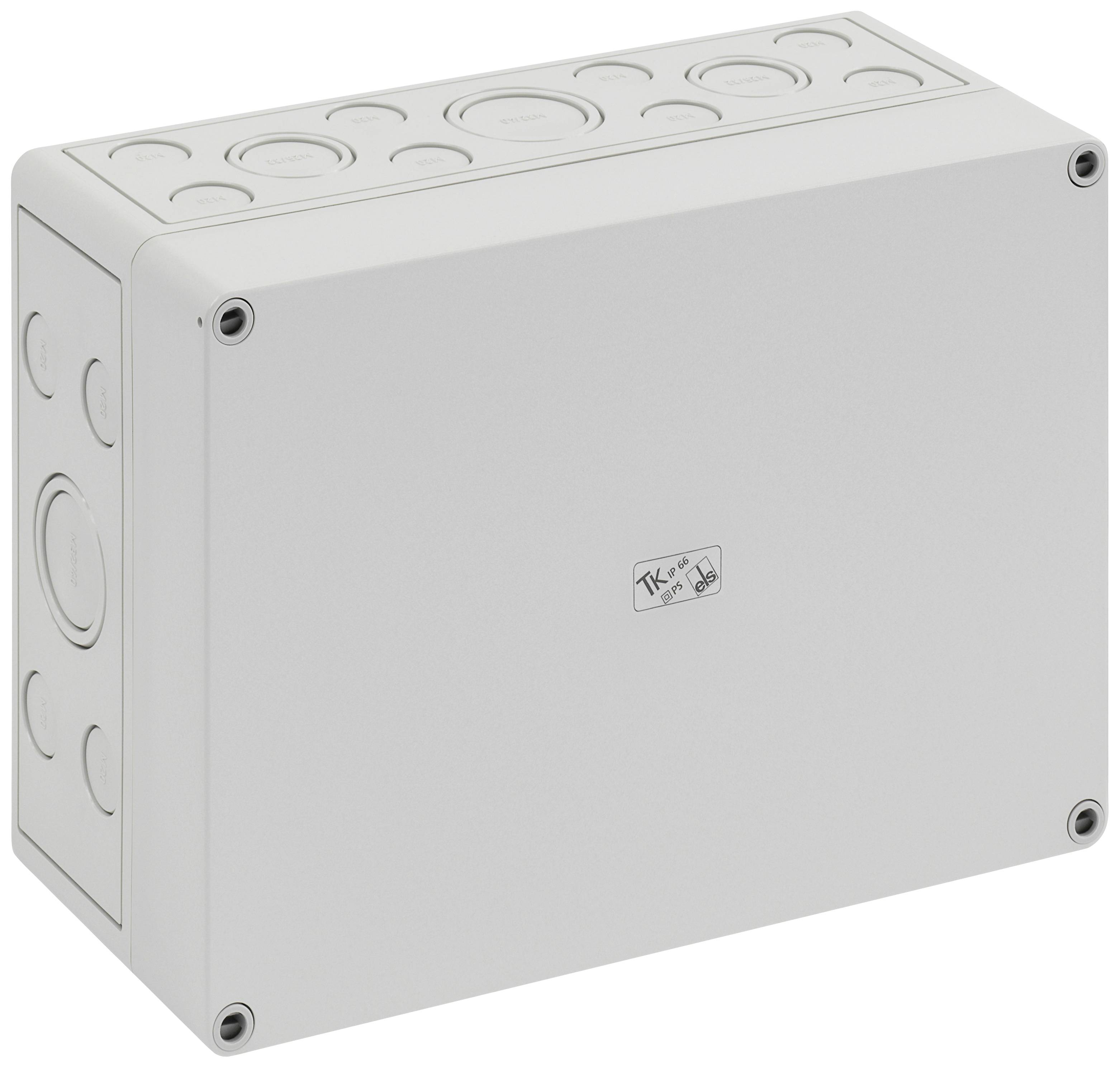 Boîte électrique rectangulaire grise avec couvercle amovible, plusieurs possibilités d'entrée sur les côtés et coins fixables.