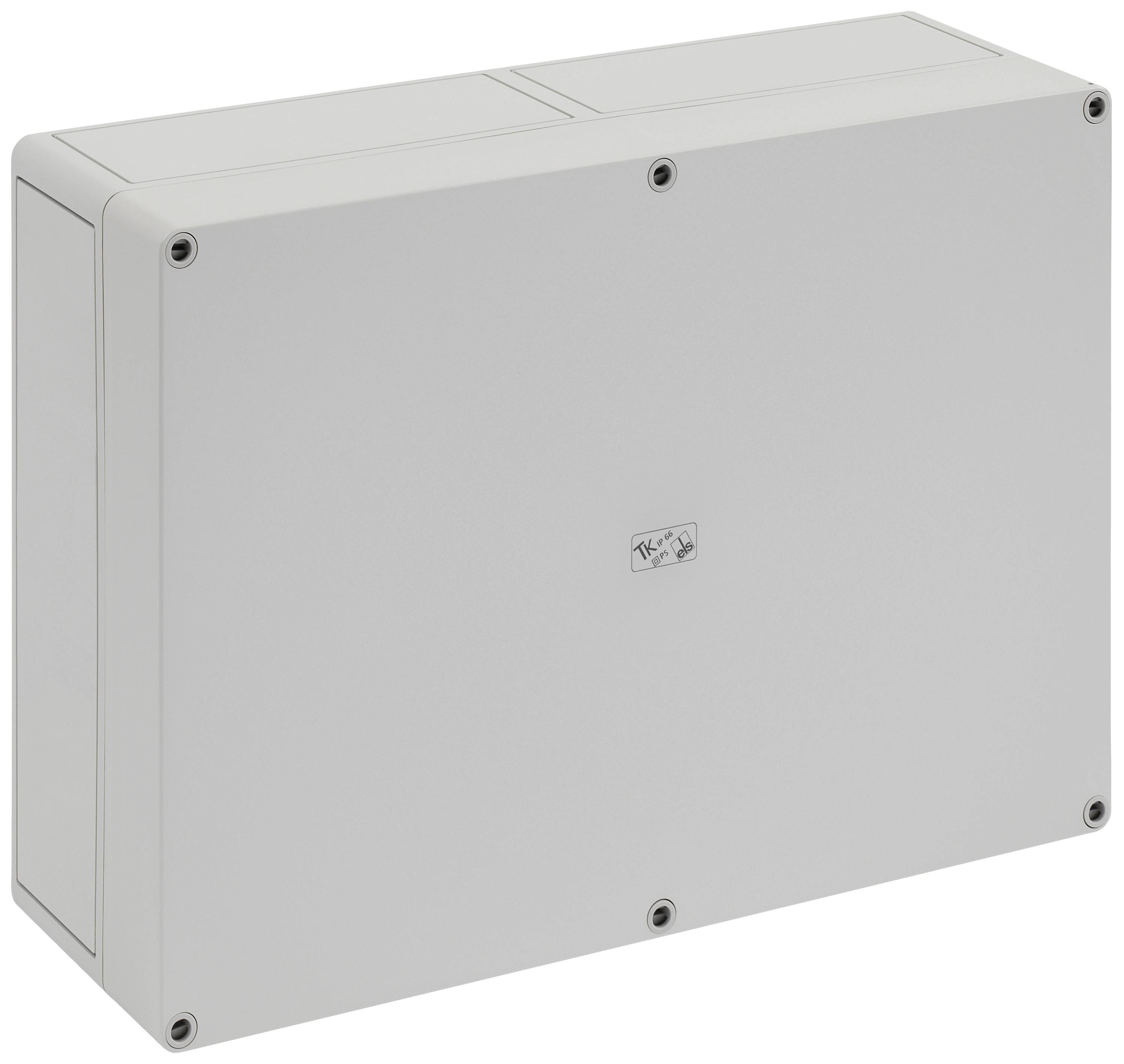 Boîtier rectangulaire gris avec des vis aux angles, adapté pour protéger les installations électroniques contre la poussière et l'humidité.