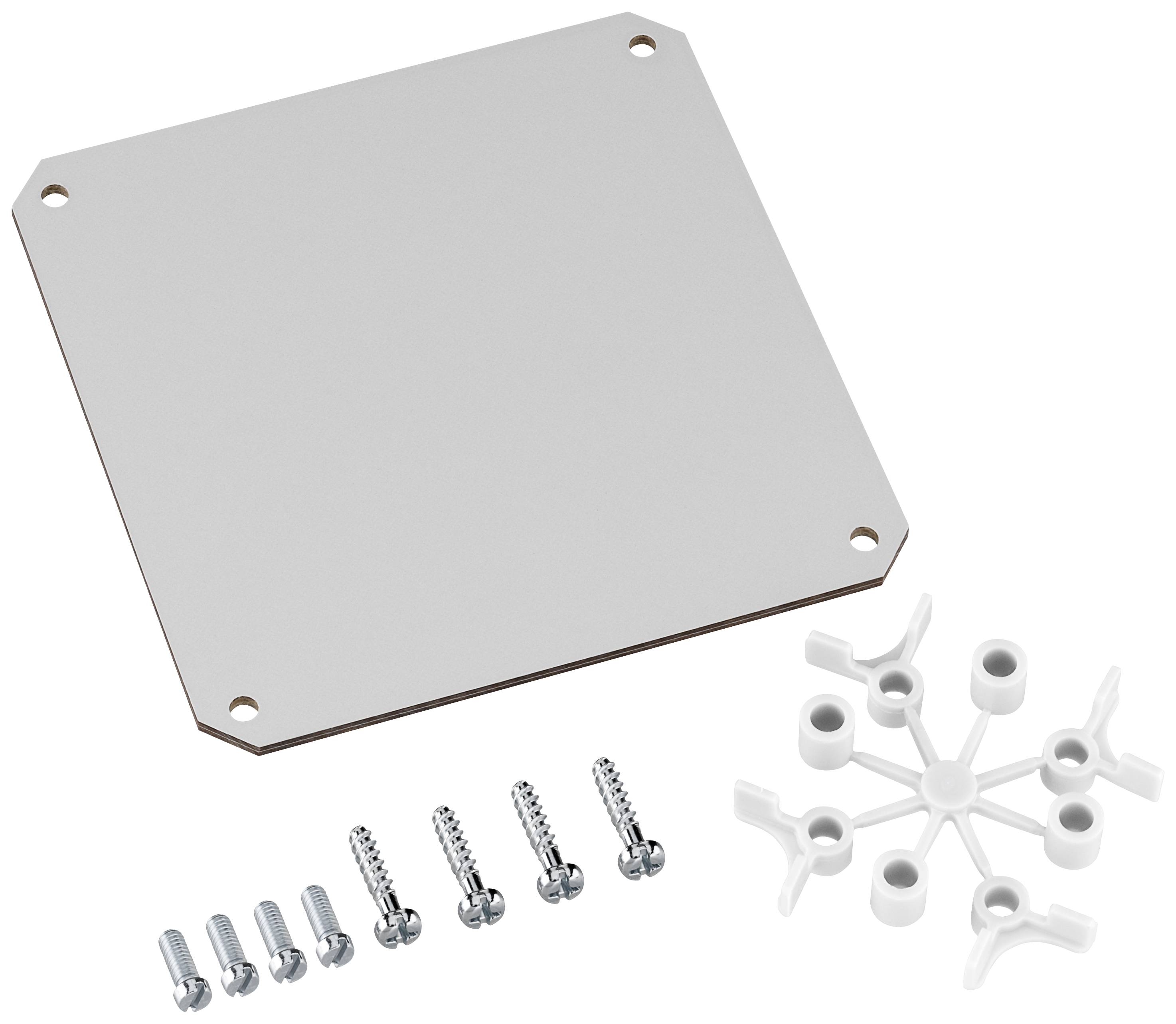 Plaque métallique avec quatre trous de perçage, sept vis et une pièce en plastique blanc. Accessoire pour montage ou installation.