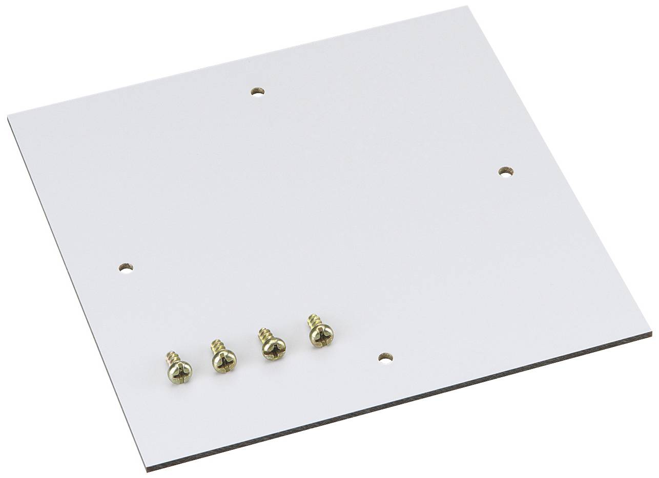 Plaque carrée blanche avec quatre petites vis disposées au-dessus, adaptée à des fins de montage.