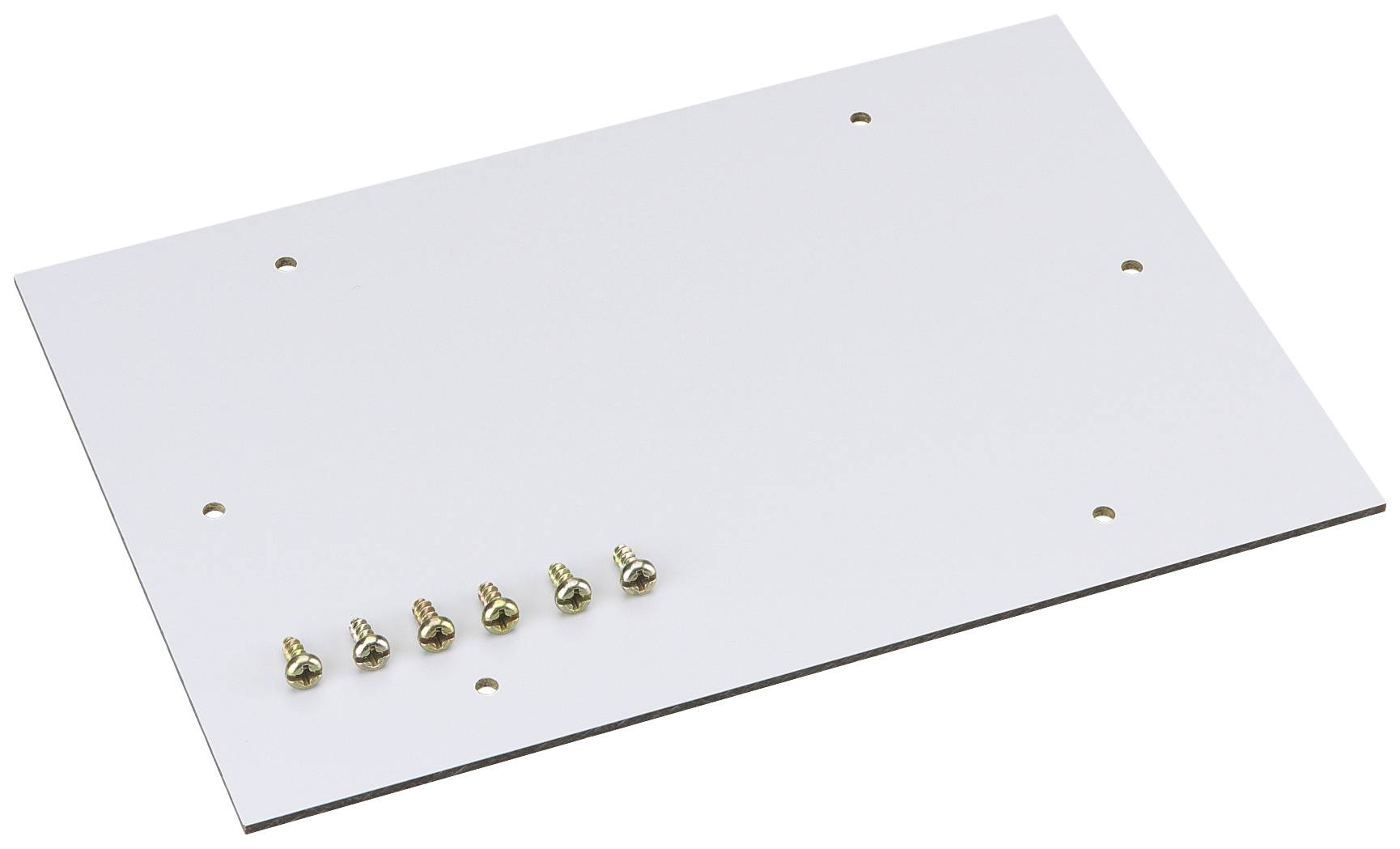 Plaque métallique blanche avec huit trous de perçage. Six vis sont posées à gauche de la plaque.