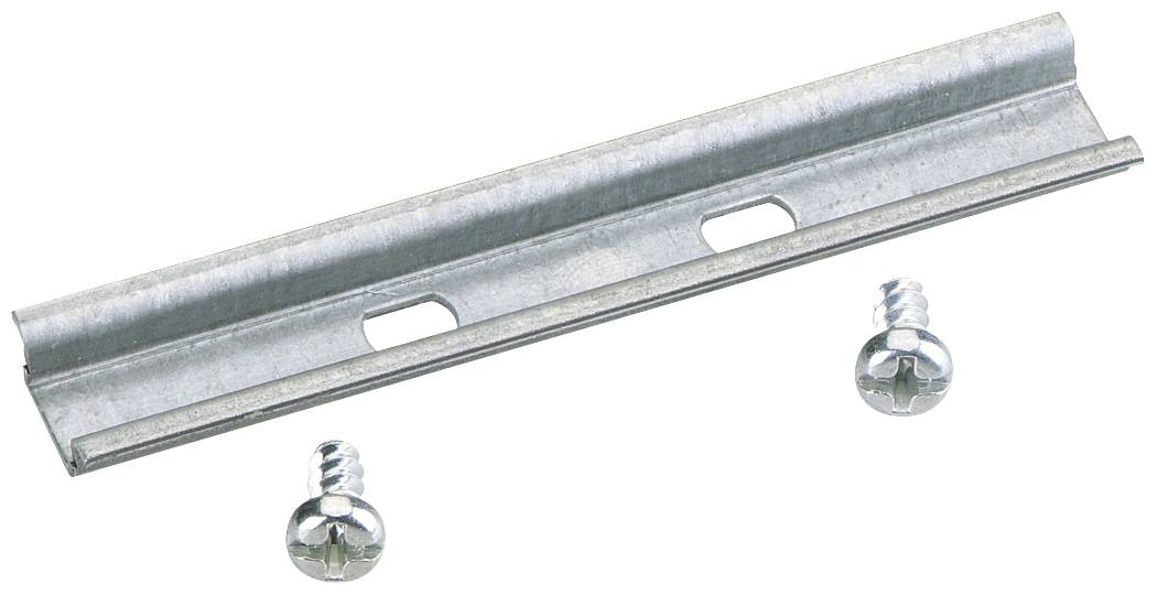 Rail métallique avec deux vis, adapté pour être fixé sur une surface.