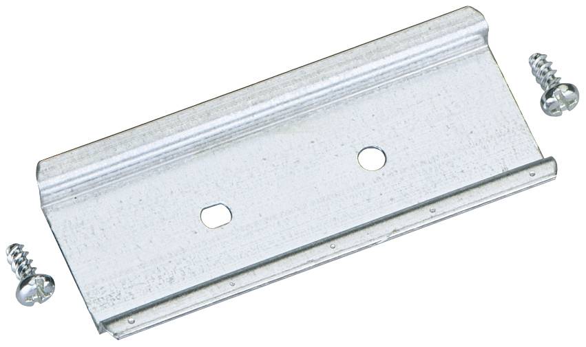 Support métallique avec deux trous pour vis de fixation, accompagné de deux vis, sur un fond blanc.
