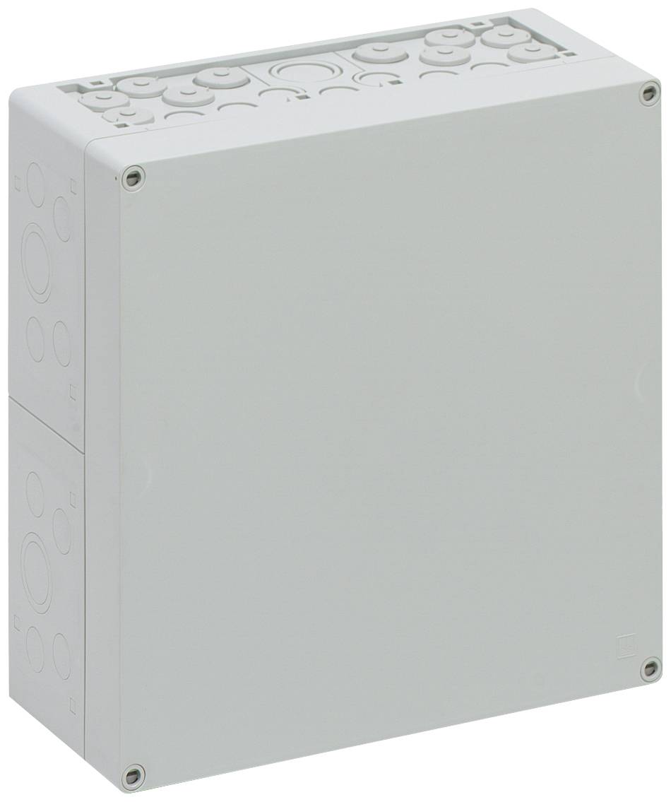 Boîtier de raccordement électrique gris avec plusieurs ouvertures préformées sur le dessus et sur les côtés.