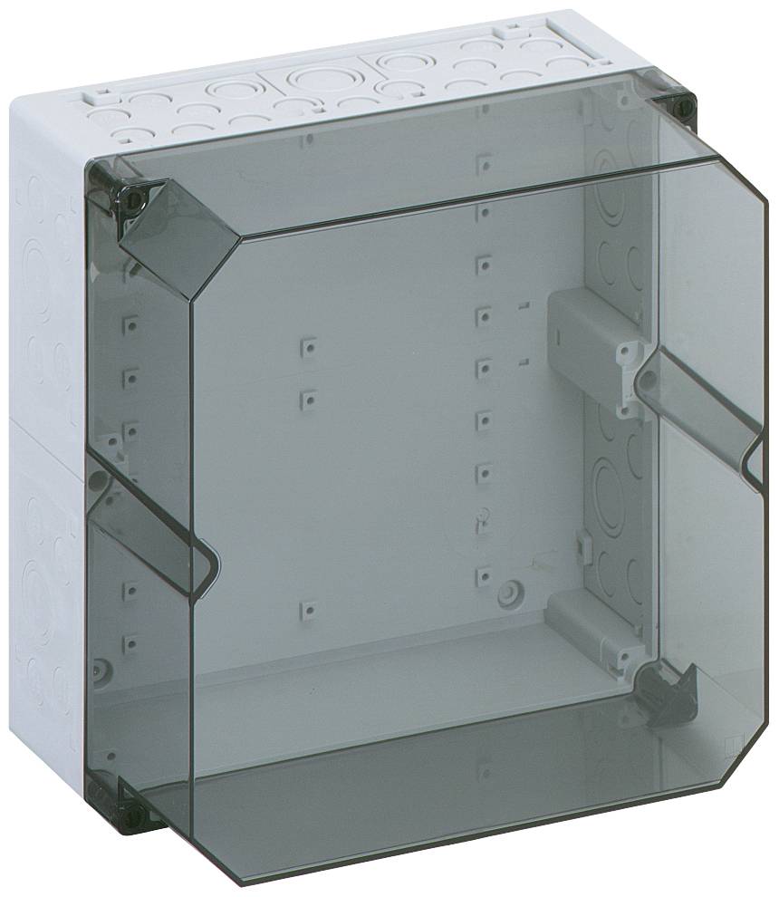 Boîte de rangement blanche pour câbles en plastique, avec couvercle avant transparent et amovible, offrant plusieurs points d'accès pour les câbles.