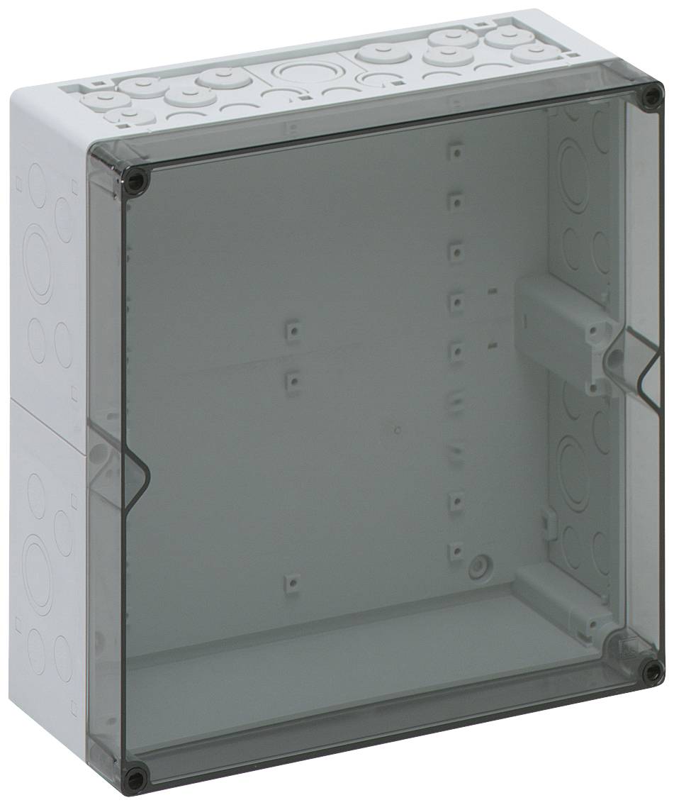 Boîte de connexion électrique en plastique avec couvercle transparent, adaptée à un montage encastré, présentant plusieurs ouvertures pour câbles.
